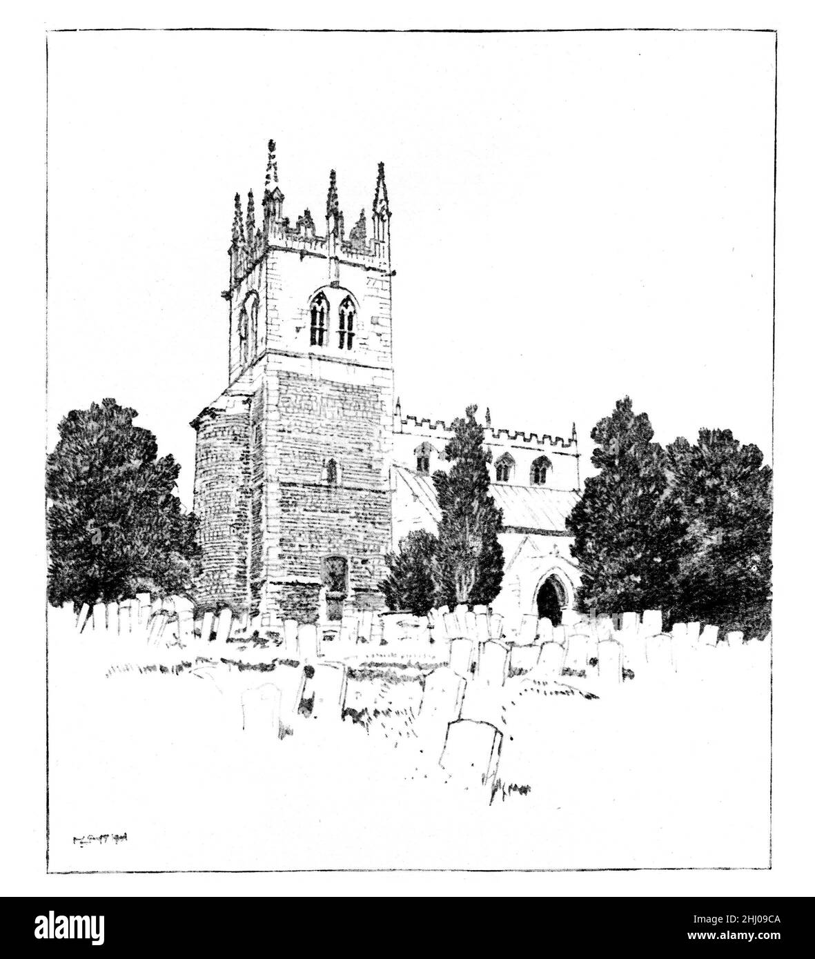 Illustration en noir et blanc ; Hough on the Hill Church, Lincolnshire.Dessin au crayon par Frederick Landseer Maur Griggs Banque D'Images