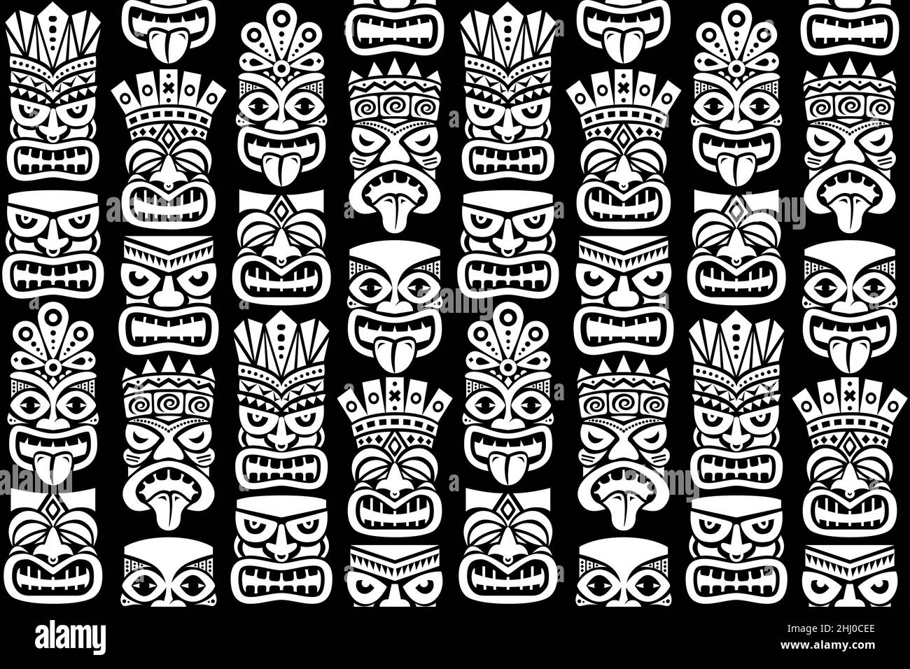 Tiki pole totem vector sans couture - statue traditionnelle ou masque répétition design de Polynésie et Hawaï en blanc sur noir Illustration de Vecteur