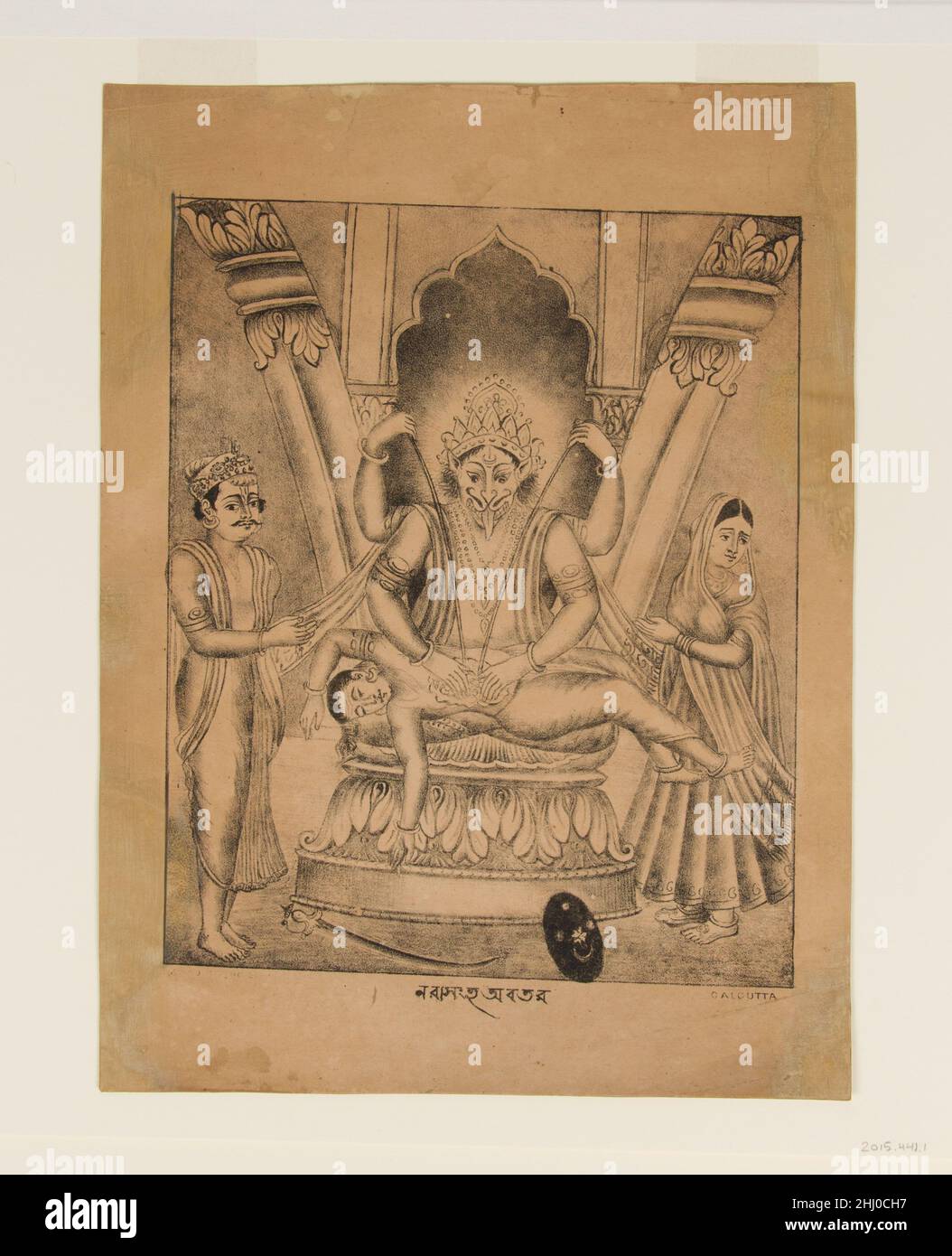 Narasimha Kills le Roi démon Hiranyakashipu 1875–80 Inde de l'est, Kolkata, Bengale-Occidental cette lithographie monochromatique a été imprimée dans l'un des premiers ateliers d'impression à Kolkata (Calcutta) pour produire des imprimés de dévotion hindous destinés à la distribution commerciale.Dans ce rendu, sans aucun doute dessiné par un peintre qualifié, nous voyons l'avatar homme-lion de Vishnu orné d'une couronne qui se révèle de l'intérieur d'un pilier qui s'est fendu.La base et la capitale de la colonne sont ornées de feuilles d'acanthus, un détail familier à l'artiste de l'architecture coloniale victorienne à Calcutta.Cette rare impression Banque D'Images