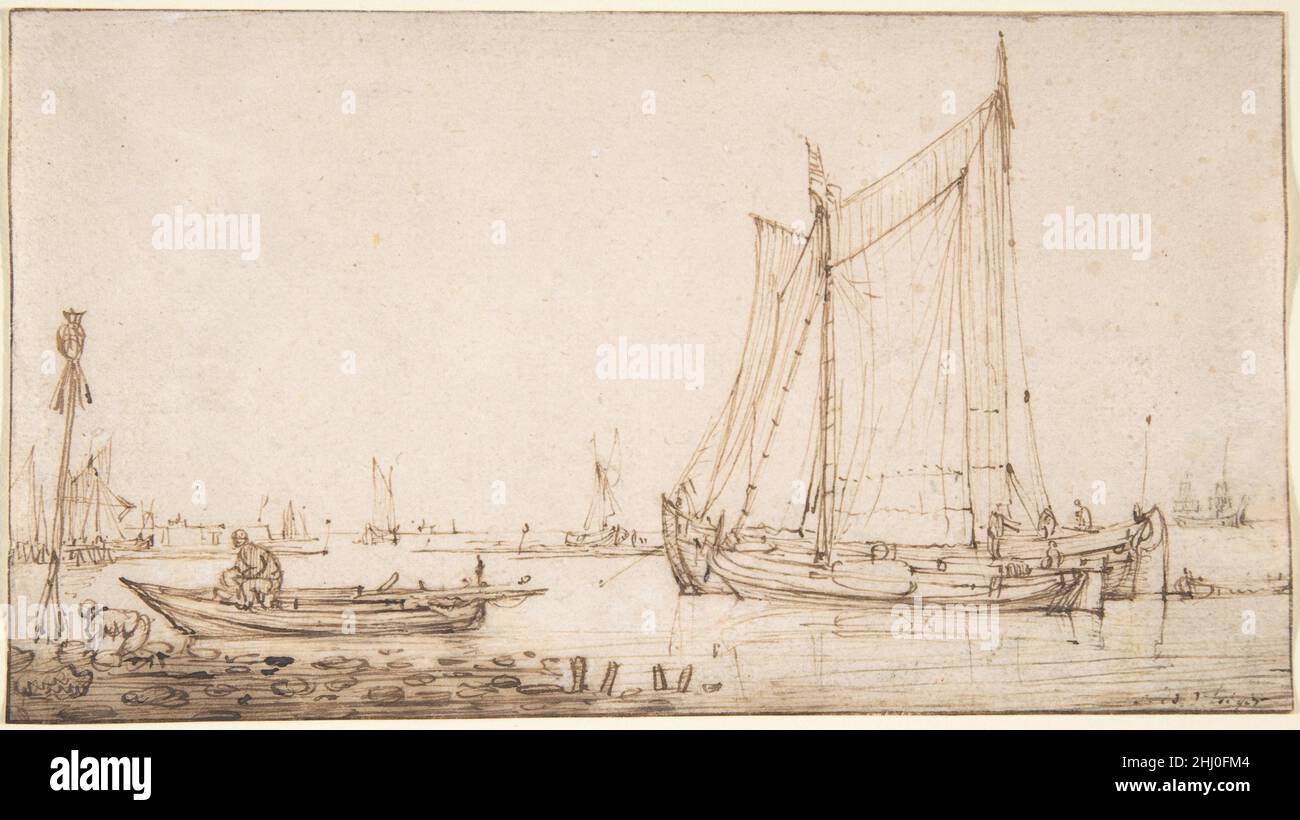 Scène de rivière avec des bateaux 17th siècle Simon de Vlieger Néerlandais.Scène de rivière avec bateaux 370473 Banque D'Images