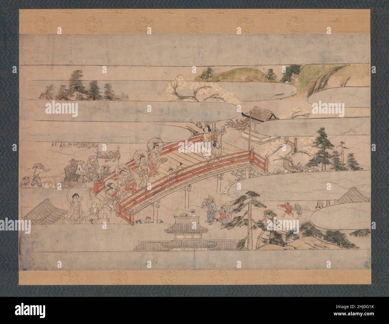 La scène finale d'Une longue Tale pour une nuit d'automne (Aki no yonaga monogatari) ca.1400 artiste non identifié cette scène présente la conclusion de l'histoire amore d'un moine bouddhiste et de son jeune acolyte, dans laquelle ce dernier se suicide.Une procession pour raigo-e, une cérémonie rituelle célébrant le Bouddha Amida et sa rétine de bodhisattvas, descend et traverse un pont pour accueillir les âmes des partis et les guider vers le paradis avec de la musique et du chant.La scène finale d'Une longue Tale pour une nuit d'automne (Aki no yonaga monogatari) 76969 Banque D'Images