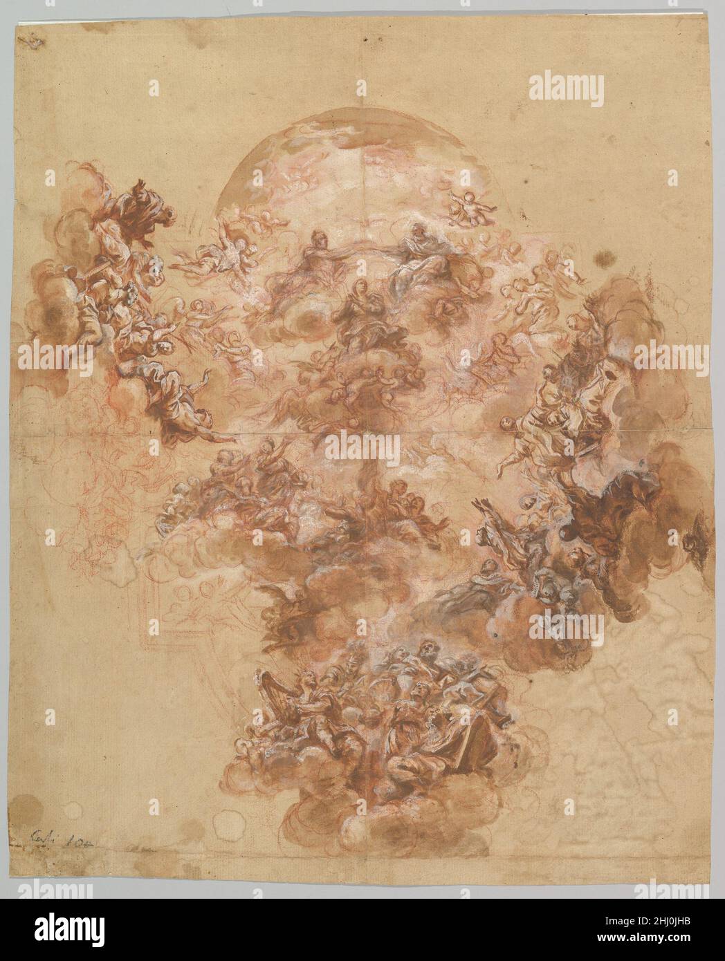 Étude pour une décoration de plafond: Couronnement de la Vierge (recto); tête de femme (verso) 1680 attribuée à Giacinto Brandi des scènes surpeuplées avec l'apothéose des saints ont été un sujet populaire pour les décorations de plafond dans les églises romaines du XVIIe et XVIIIe siècle.Les contours d’un plafond architectural entourant ce puissant dessin de composition à grande échelle, ou ‘modello’, révèlent que ce dessin était destiné à une fresque de ce genre.En haut, la Vierge Marie est couronnée par la Sainte Trinité, composée de Dieu le Père, de son fils et de l'Esprit Saint représenté par une colombe.Un grand n Banque D'Images