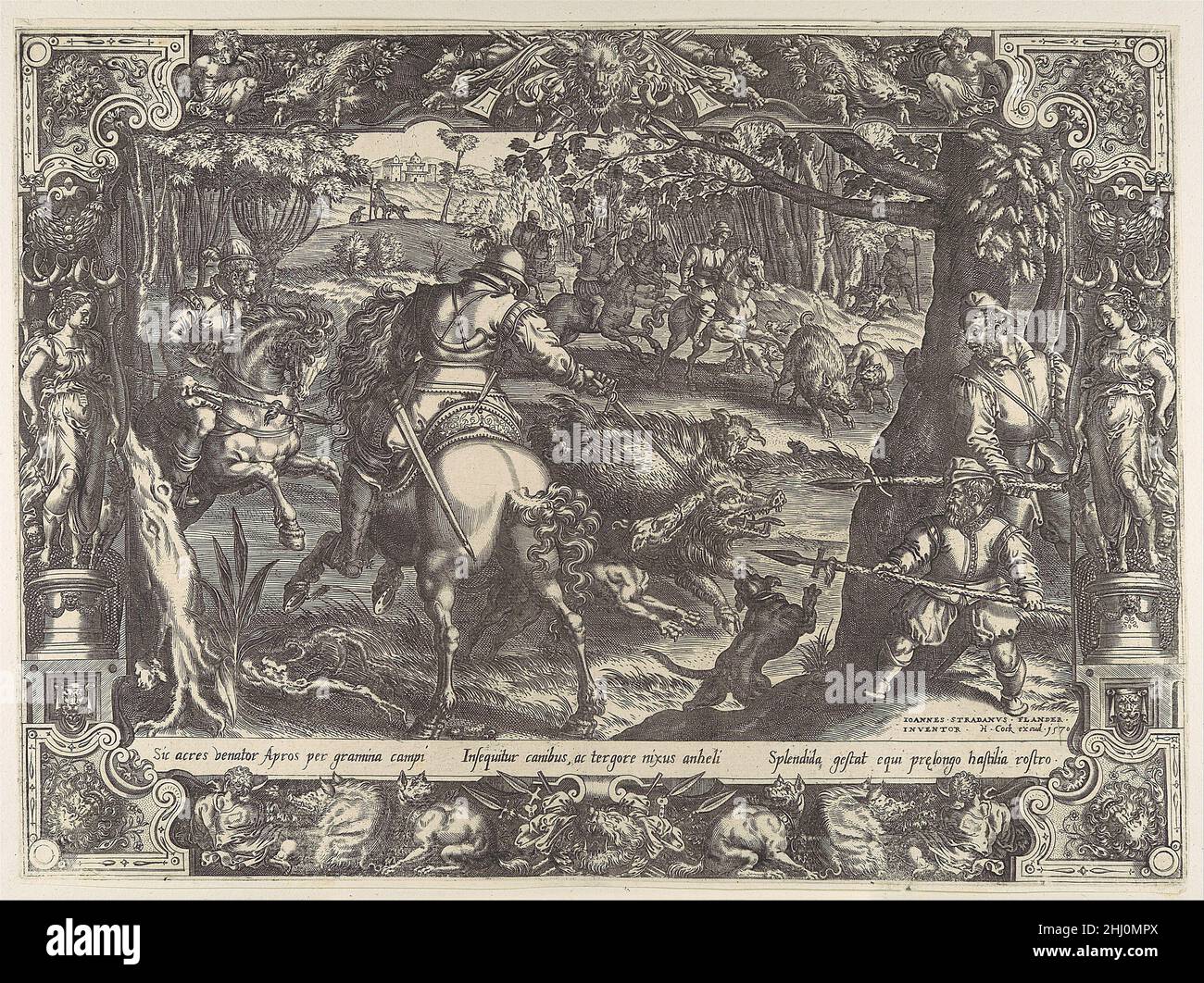 Chasse au sanglier avec des lances, de scènes de chasse dans des cadres ornementaux 1570 après Jan van der Straet,Appelée Stradanus Netherlandish cette gravure d’une chasse au sanglier est basée sur l’une des six tapisseries que Stradanus a réalisées pour la villa du duc Florentin Cosimo I de’ Medici à Poggio a Caiano.En plus de cette série, Stradanus a fait assez de dessins animés, ou des dessins préparatoires à grande échelle, pour décorer vingt pièces dans la villa.Le sanglier de chasse était une activité limitée à l'aristocratie, et ici nous voyons les membres de la cour de Cosimo monté à cheval, assistés par divers serviteurs o Banque D'Images