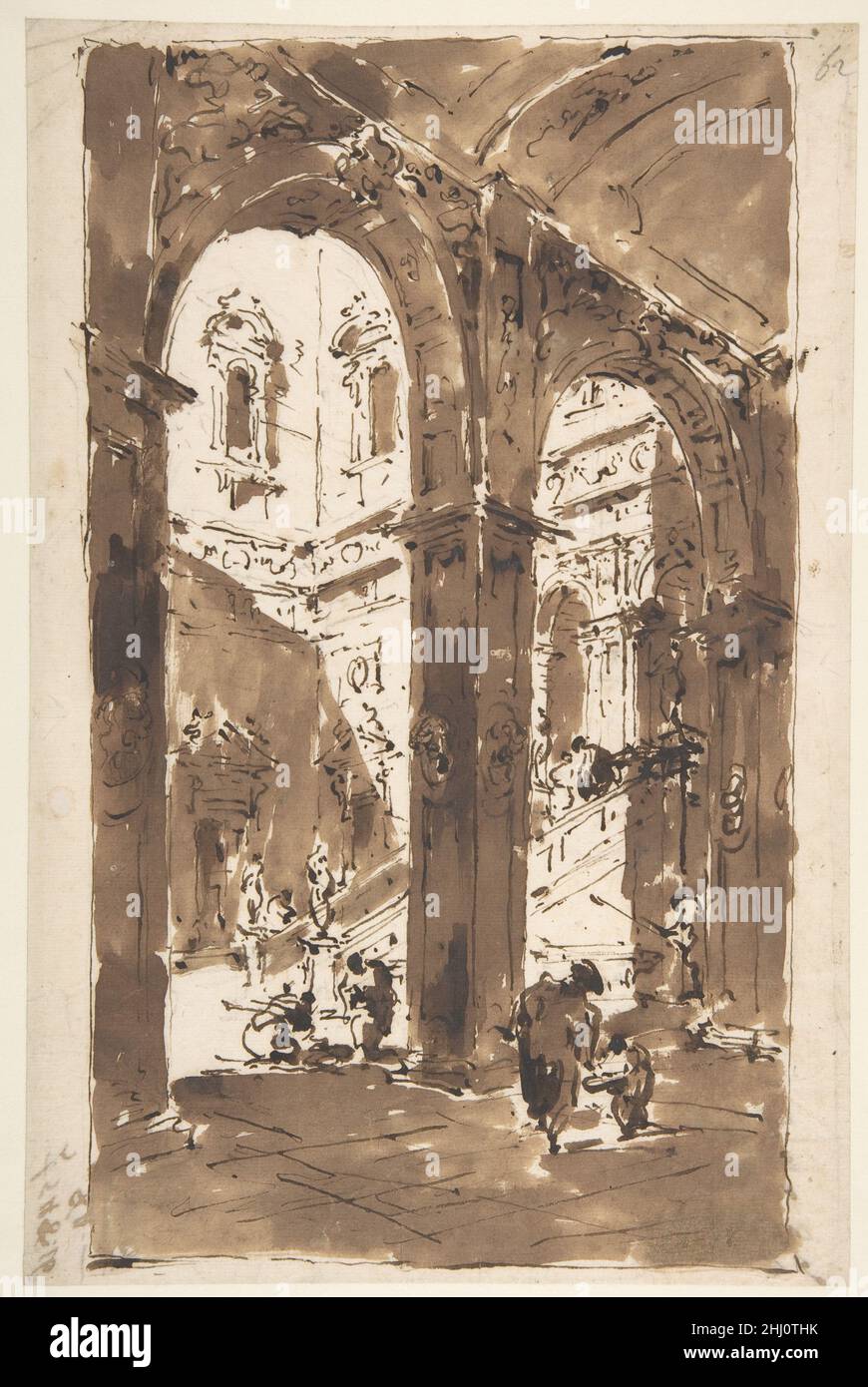Architectural Capriccio : cour d'un palais 1712–93 Francesco Guardi Italien.Capriccio architectural : cour d'un palais.Francesco Guardi (italien, Venise 1712–1793 Venise).1712–93.Stylo et encre brune, pinceau et lavage brun, sur graphite ou plomb ou craie noire.Lignes de cadrage à l'encre de stylo et brune.Quelques taches de craie rouges.Mises en plan Banque D'Images