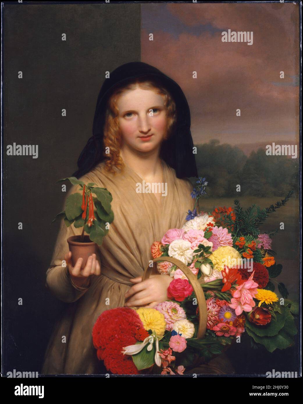 The Flower Girl 1846 Charles Cromwell Ingham American, né Irlande 'The Flower Girl' est un sujet très inhabituel pour Ingham, un artiste qui a rarement détraqué du portrait.Il l'a peut-être peint comme une œuvre spéculative, ou à la commission de Jonathan Stenges, qui en était propriétaire au moment où il est apparu en exposition au printemps 1847 à l'Académie nationale du Design.Les images des vendeurs de rue étaient populaires dans la peinture américaine et européenne à l'époque, mais le plus souvent les sujets étaient des garçons entreprenants plutôt que des filles.Ingham peut bien avoir été familier avec une image populaire de la même titl Banque D'Images