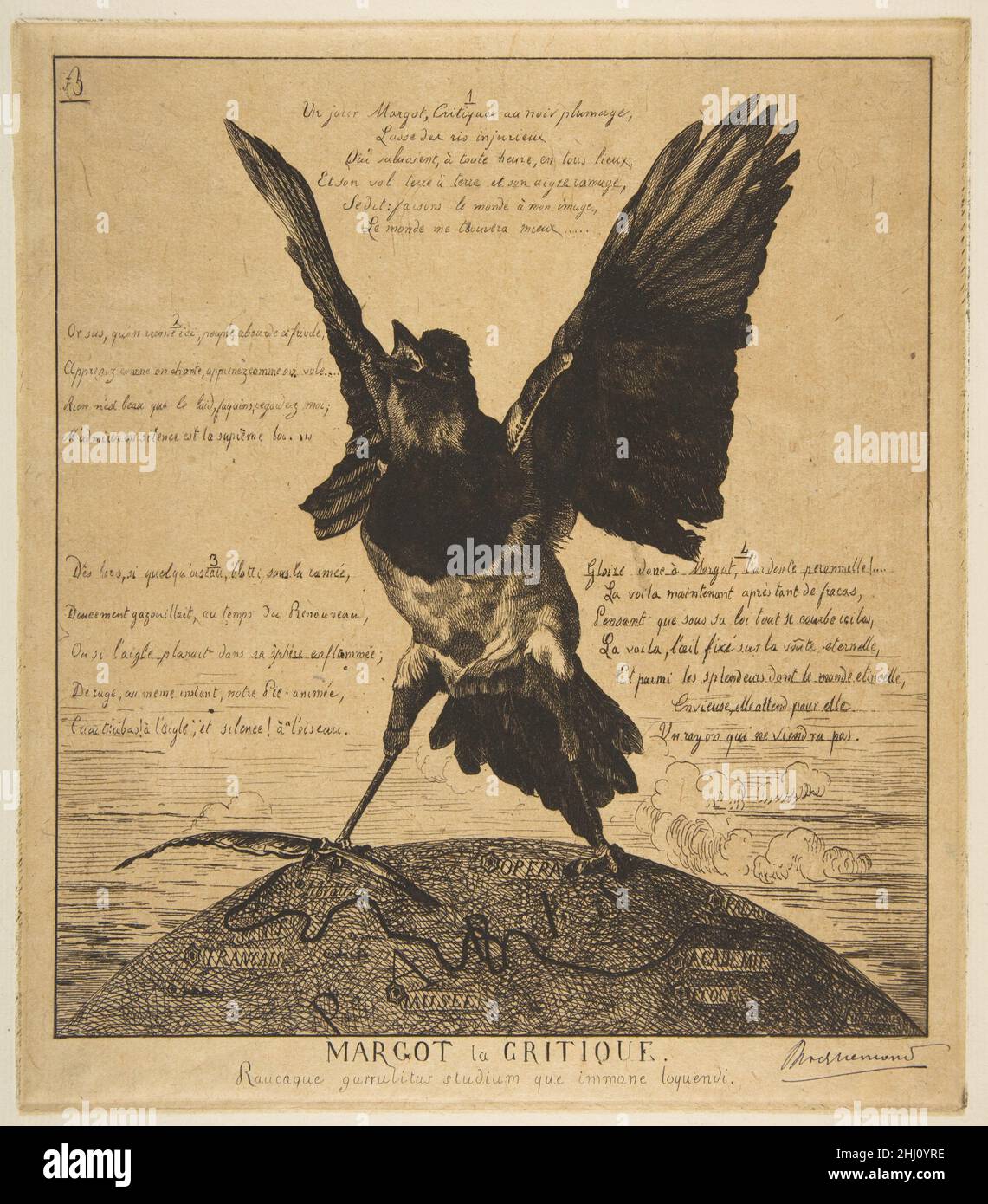 Margot la critique 1854 Félix Bracquemond Français c'est l'un des premiers imprimés de Bracquemond dans lesquels il dépeint des animaux, en particulier des oiseaux, pour commenter les défauts humains et la société contemporaine.Ici, Bracquemond a rendu une critique voilée des critiques.Le magpie sordide contient un panache et chevauche un globe, qui est clairement identifié par le mot « Paris » et la ligne nervurée qui rappelle la Seine.D'autres mots reconnaissables incluent 'Opera', 'French', 'Museum', 'Palace', 'Academy' et 'chool', signifiant les différents domaines des critiques.Les quatre stanzas encerclant le sati d'oiseau Banque D'Images