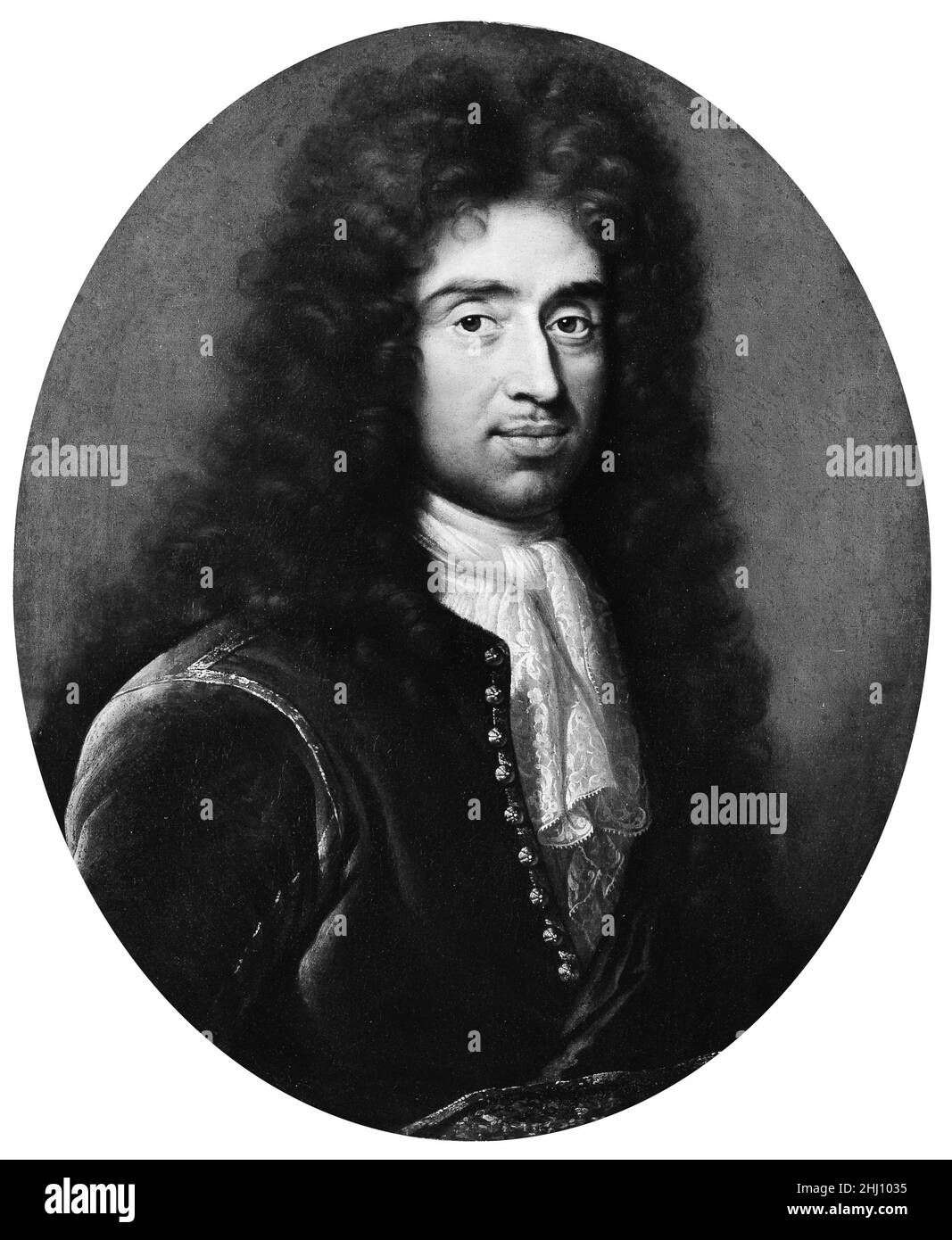 Portrait d'un homme dans un manteau brun artiste-peintre français ces pendentifs, vraisemblablement d'un mari et d'une femme, sont typiques d'un format et d'un style popularisés par Pierre Gobert (1662–1744) qui se tournaient vers les précédents de la Renaissance française alors même que beaucoup de ses contemporains se tournaient vers le briquet,Portraits animés d'Anthony Van Dyck (1599–1641).Les visages des sitres, y compris son ombre de cinq heures, sont rendus admirablement, mais leurs costumes sont relativement schématiques, en particulier autour de son épaule et de sa drapery et bijoux, ce qui rend difficile l'attribution de ces œuvres.Portrait d'un homme dans Banque D'Images
