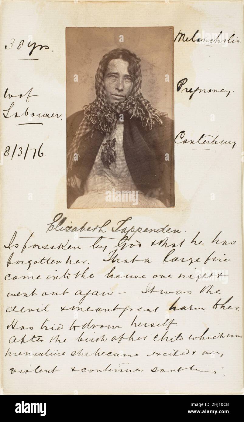 Elizabeth Tappenden 1876 Unknown Un papier d'aluminium dégrisant pour les cartes de visite des célèbres et puissants, ces dossiers d'un asile aliéné britannique non identifié illustrent l'utilisation variée du milieu au siècle 19th comme moyen de diagnostic, de surveillance et de contrôle social.La photographie de la maladie mentale a ses racines dans la recherche physiognomique de Johann Kaspar Lavater (1741-1801), qui croyait que diverses formes de folie pouvaient être lues dans les caractéristiques physiques de l’individu.Emblèmes de la répression victorienne, ces types d'images ont en fait servi de multiples buts: Comme un enregistrement de l'ap Banque D'Images