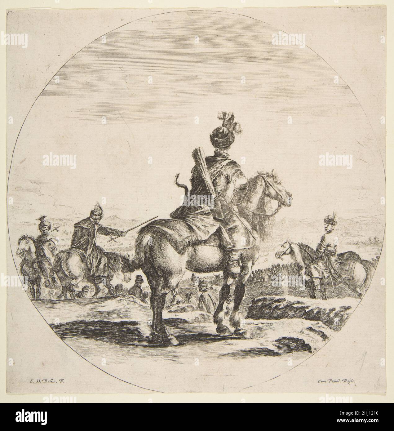 Un cavalier polonais avec un arc et une flèche, vu de derrière avec son cheval face à droite, une composition circulaire, de 'Figures on Horseback' (Cavaliers nègres, polonais et hongrois) ca.1651 Stefano della Bella Italien.Horseman polonais avec un arc et une flèche, vu de derrière avec son cheval face à droite, une composition circulaire, de 'Figures on Horseback' (Cavaliers nègres, polonais et hongrois) 376678 Banque D'Images