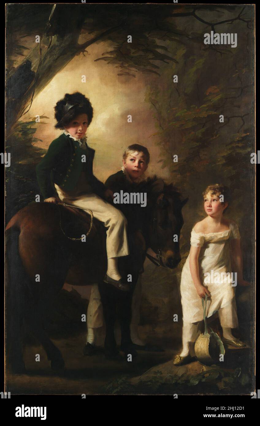 Les enfants Drummond ca.1808–9 Sir Henry Raeburn British, Scottish George Drummond, âgé de six ans, est montré sur son poney, l'objet d'admirer les gazes de son frère et de sa sœur adoptifs.George est devenu membre de la banque familiale, marié, a eu quatre enfants et est décédé à l'âge de 49 ans.En revanche, en 1821, son père avait pris une vie de jeu et de dissipation, abandonné sa femme et ses enfants et vivait avec l'épouse d'un officier de marine.le peintre prééminent des Lumières écossaises, Raeburn était particulièrement doué pour les représentations naturalistes d'enfants.Les enfants Drummond.Sir Henry R. Banque D'Images