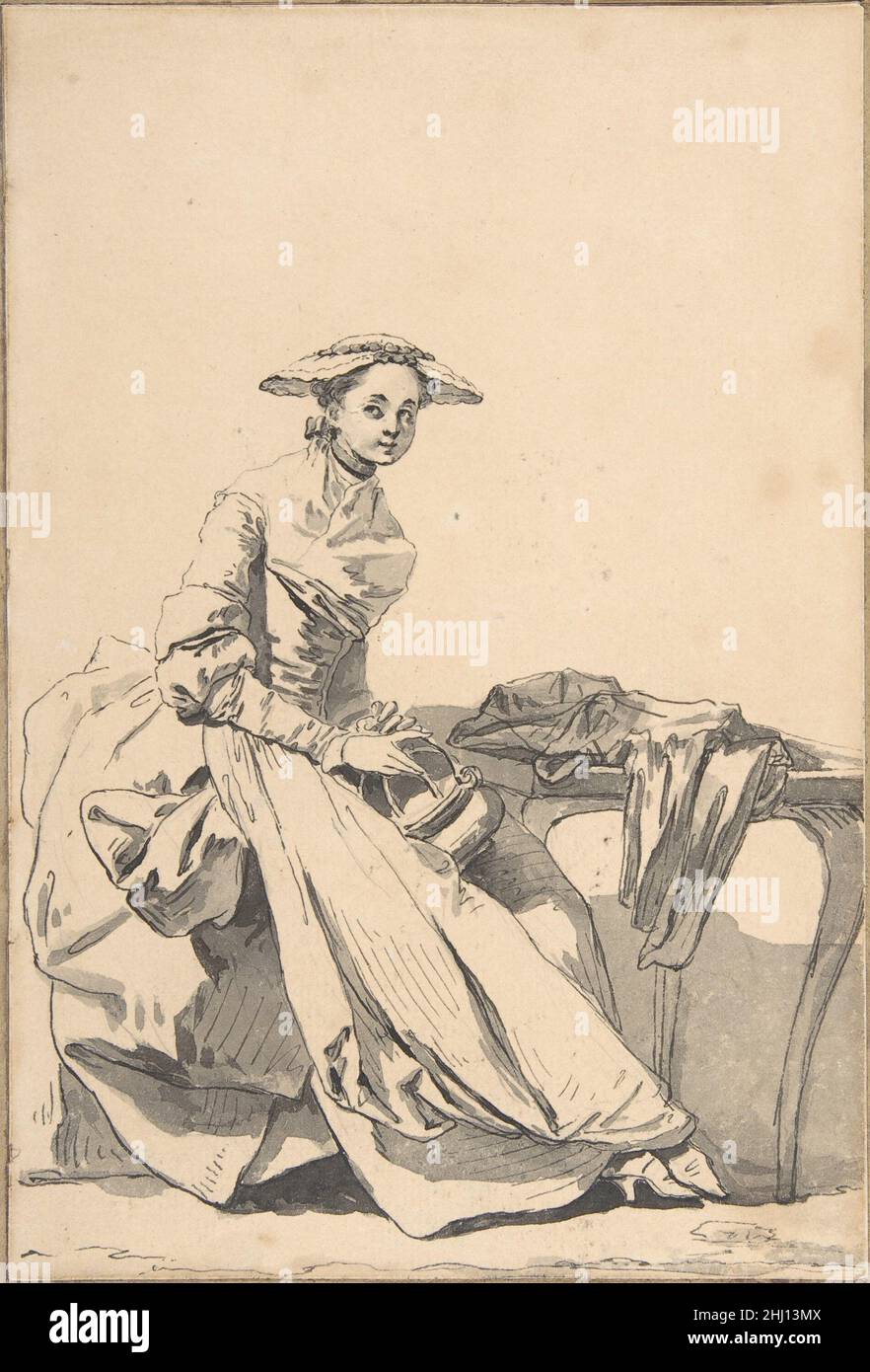 Femme florentine portant une casquette papillon et tenant un chauffe-main 1755 Jean-Baptiste Geuze Français.Femme florentine portant une casquette papillon et tenant un chauffe-main 337252 Banque D'Images