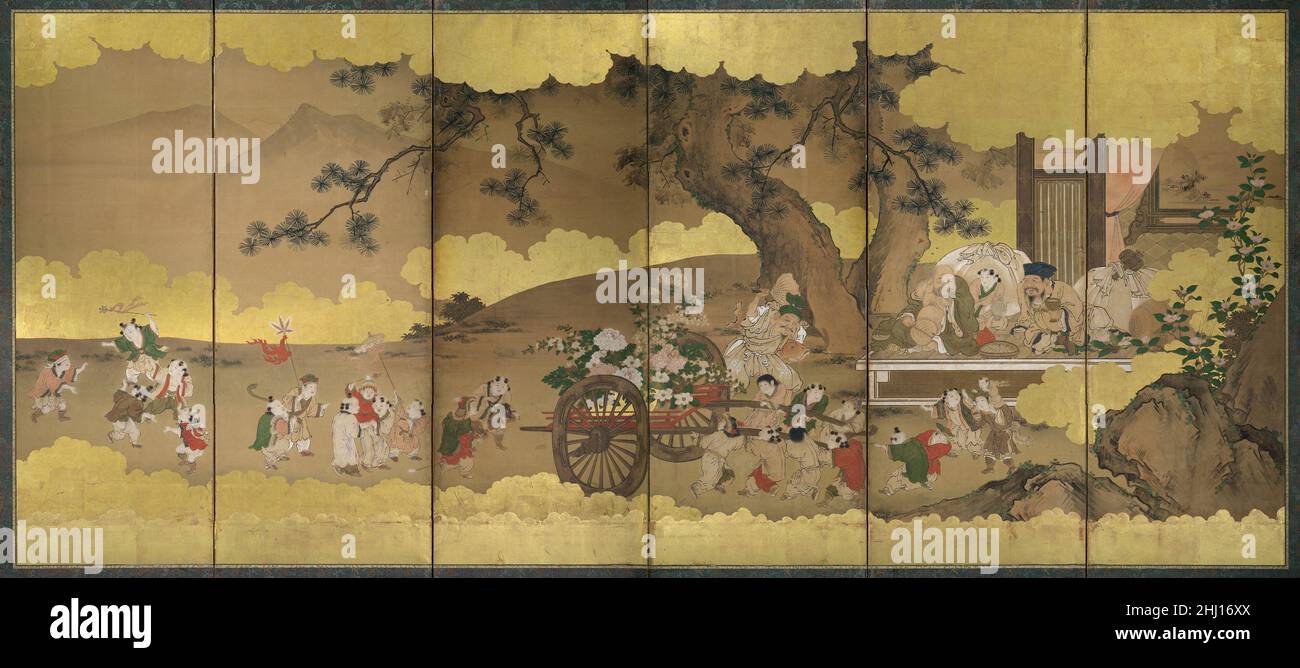 Sept dieux de bonne fortune et enfants chinois 17th–18th siècle Kano Chikanobu japonais dans cet écran, trois des sept dieux de bonne fortune (Daikoku, Ebisu et Hotei) et un groupe d'enfants chinois servent de références visuelles à la richesse, à la prospérité et à l'abondance.Certains des enfants tirent une charrette à fleurs (hana-guruma) chargée d'un panier de bambou débordant de pivoines (emblématique de la richesse et de l'honneur) et d'autres fleurs associées à la bonne fortune.Les figures montrent la conscience de l’artiste des traditions chinoises ; en Chine, le thème de cent garçons était un sujet populaire et propice Banque D'Images
