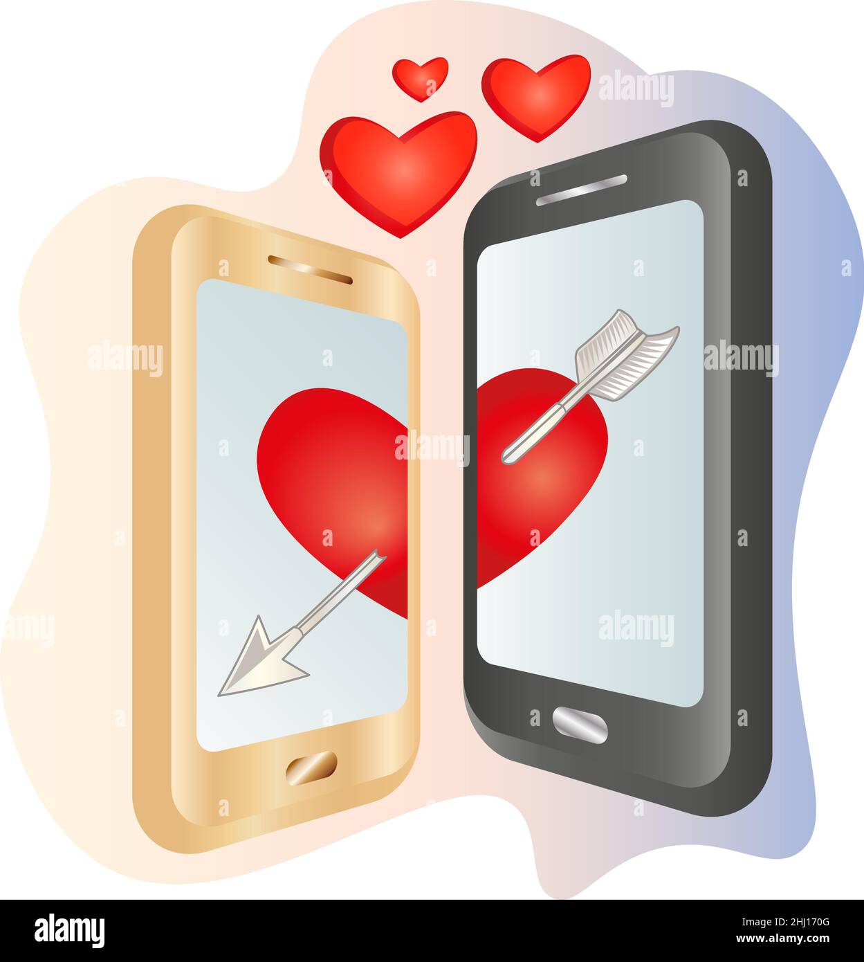 Carte de vœux de Saint-Valentin avec deux téléphones et coeur percé par la flèche Illustration de Vecteur