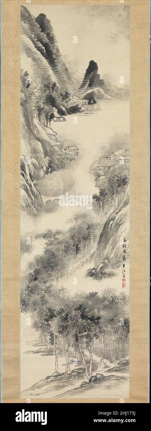 Dawn brumeux au Seashore 19th Century Okada Hankō Japanese cette image douce et sans prétention dépeint un village de bord de mer à l'aube tandis que la brume se dissipe progressivement des montagnes et des arbres.L'érudit solitaire au bas de la composition semble marcher vers, pas loin de, le spectateur, une anomalie dans une peinture par ailleurs liée à la tradition qui dépeint une gorge étroite et un petit port dans une composition verticale fortement croissante.Hankō, fils et élève d'Okada Beisanjin,a grandi dans le cercle lettré autour de son père.Gagnant leur vie comme marchands de riz, Hankō et son père pouvaient dépérir Banque D'Images