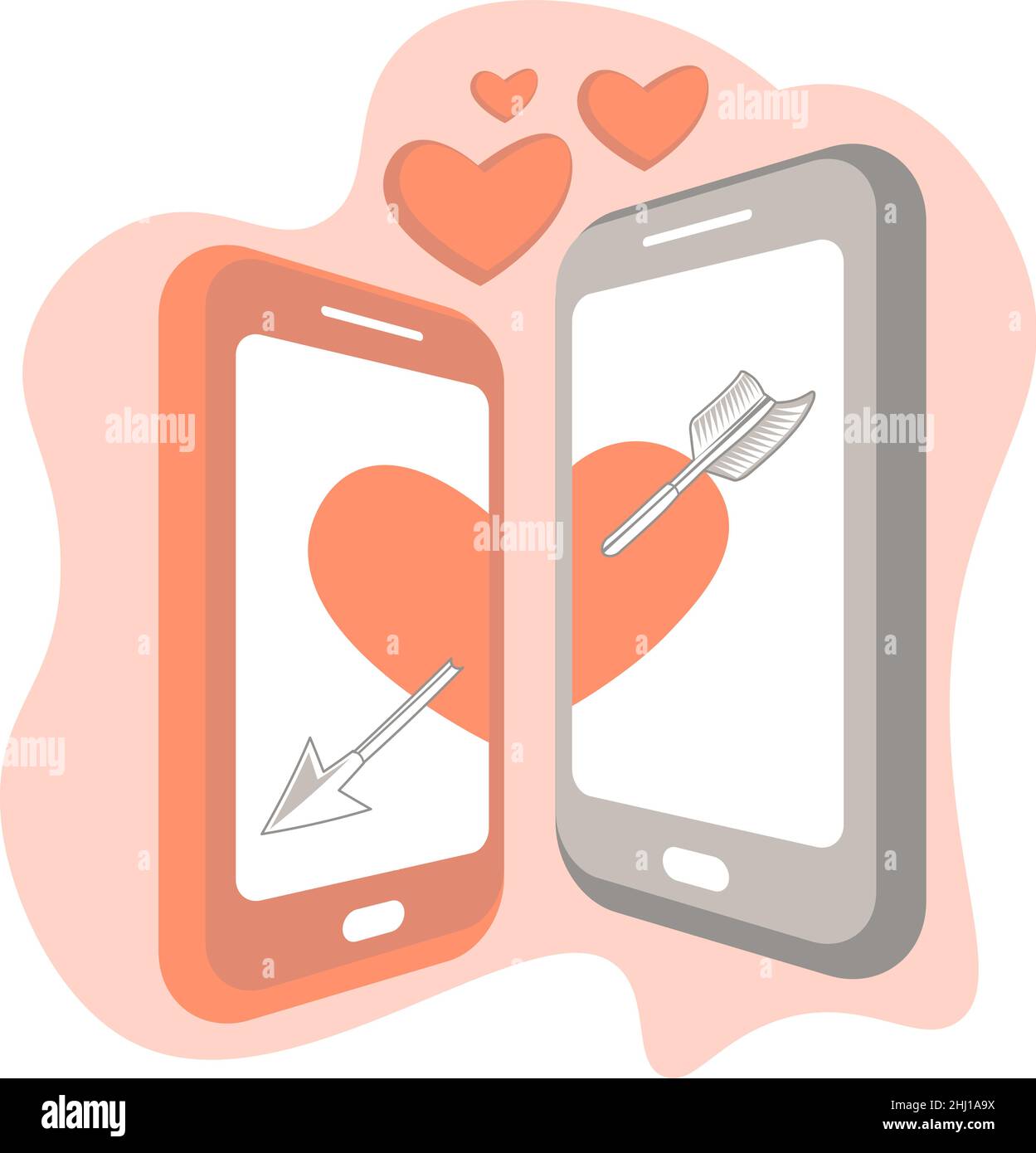 Carte de vœux de Saint-Valentin avec deux téléphones et coeur percé par la flèche Illustration de Vecteur