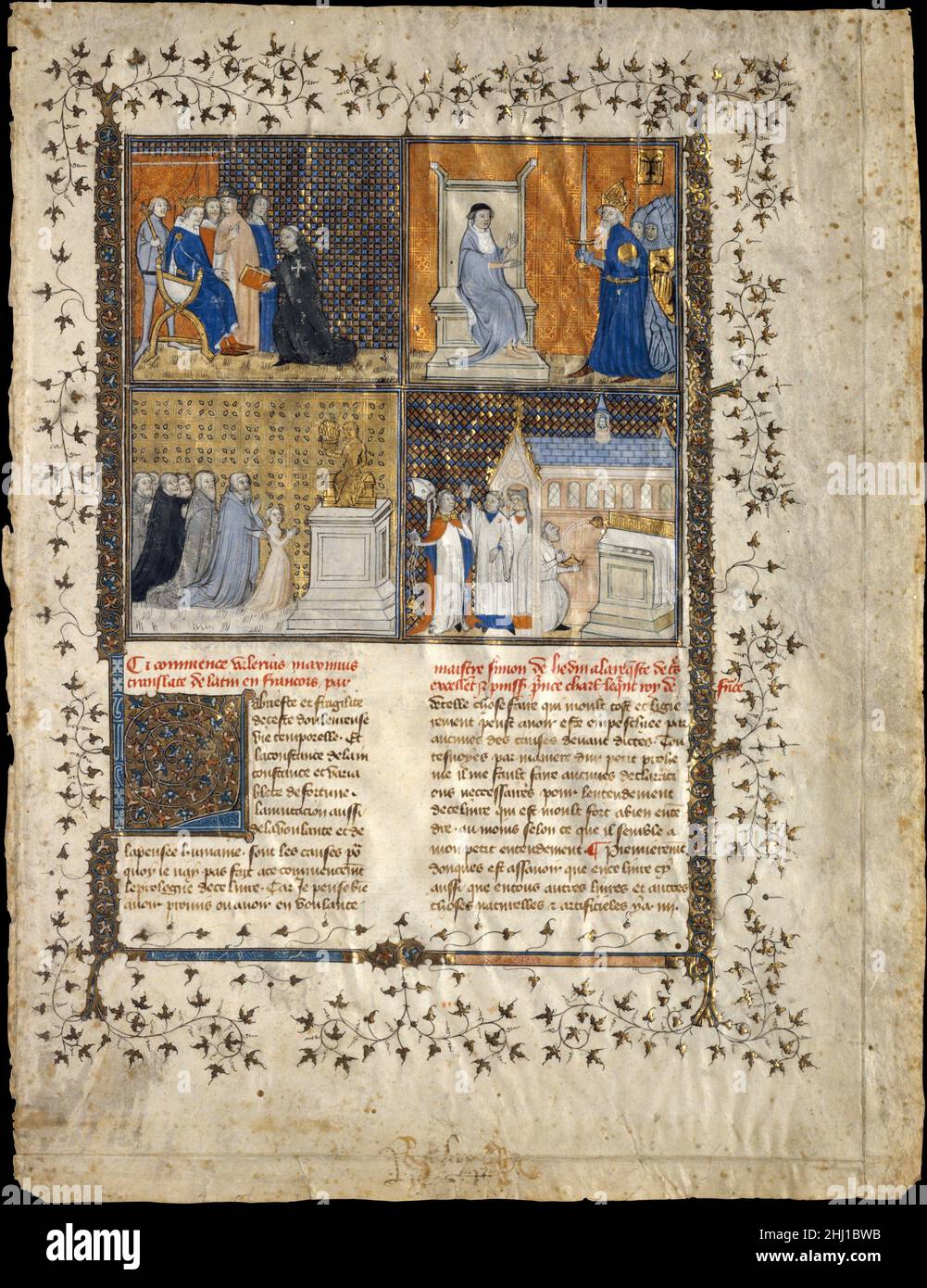 Feuille d'un manuscrit de Valerius Maximus ca.1380–90 atelier de Pierre Remiet Charles V de France (r.1364–80) a activement encouragé la traduction en français de textes classiques, y compris les écrits de Valerius Maximus, un historien romain du premier siècle.Les illustrations montrent comment les artistes du cercle de Charles ont évoqué le monde antique. Les panneaux inférieurs illustrent les récits de la religion romaine.À gauche, une prêtresse s'agenouille devant un autel de Cérès, déesse du grain, dans une image qui ressemble à des scènes de chrétiens s'agenouillant devant la Vierge Marie.En bas à droite, un prêtre romain perd son de Banque D'Images