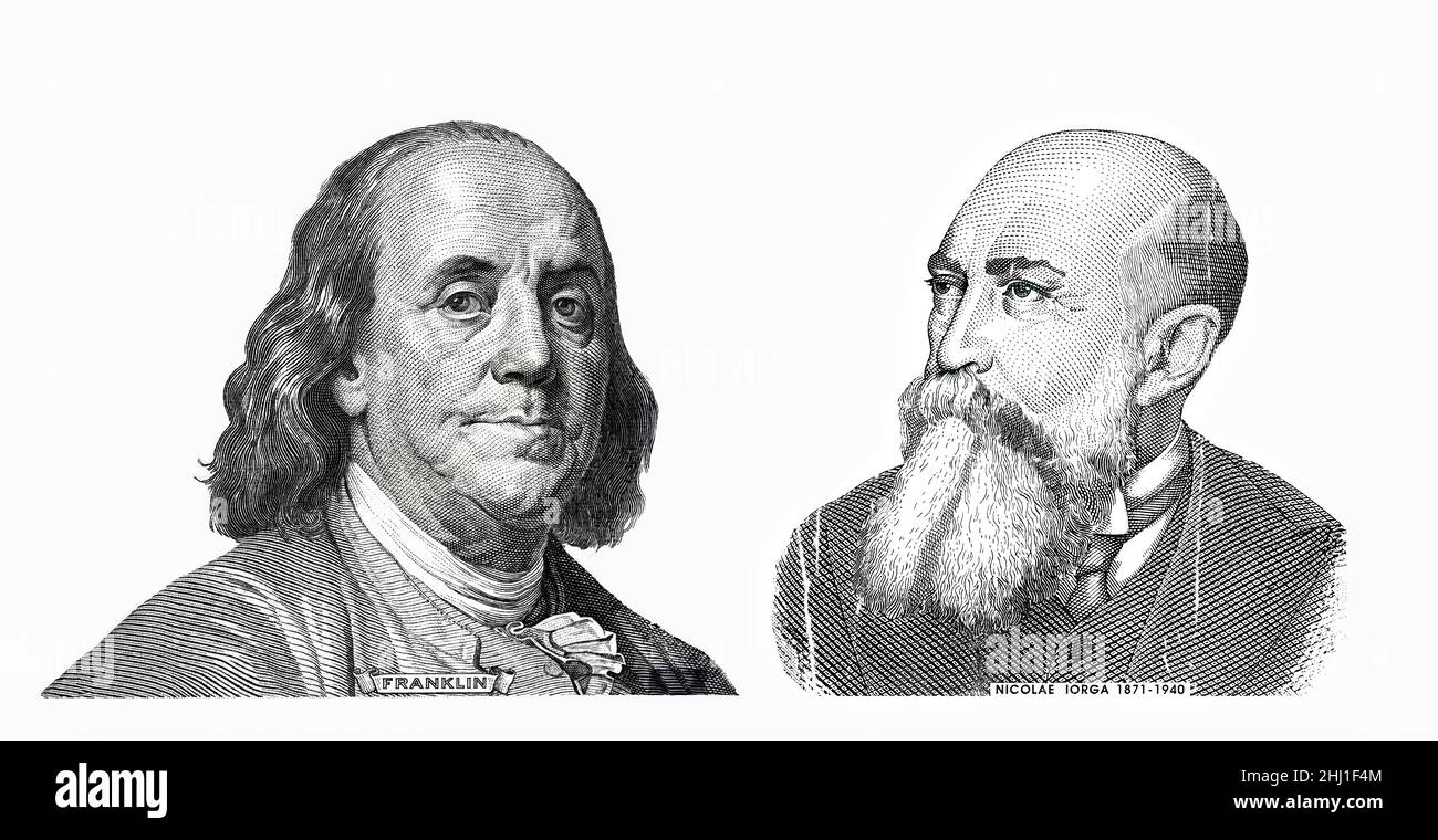 Benjamin Franklin a coupé sur le nouveau billet de 100 dollars et Nicolae Iorga a coupé sur l'ancien billet de 10000 lei roumain Banque D'Images