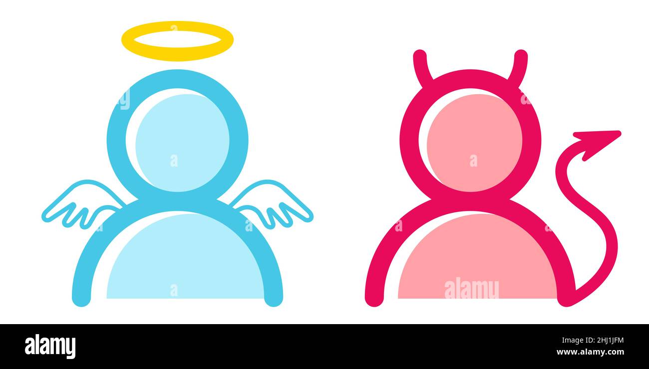 Ensemble de vecteurs icônes ange et diable dans le style plat.Illustration de l'ange et du diable dans un style simple. Illustration de Vecteur