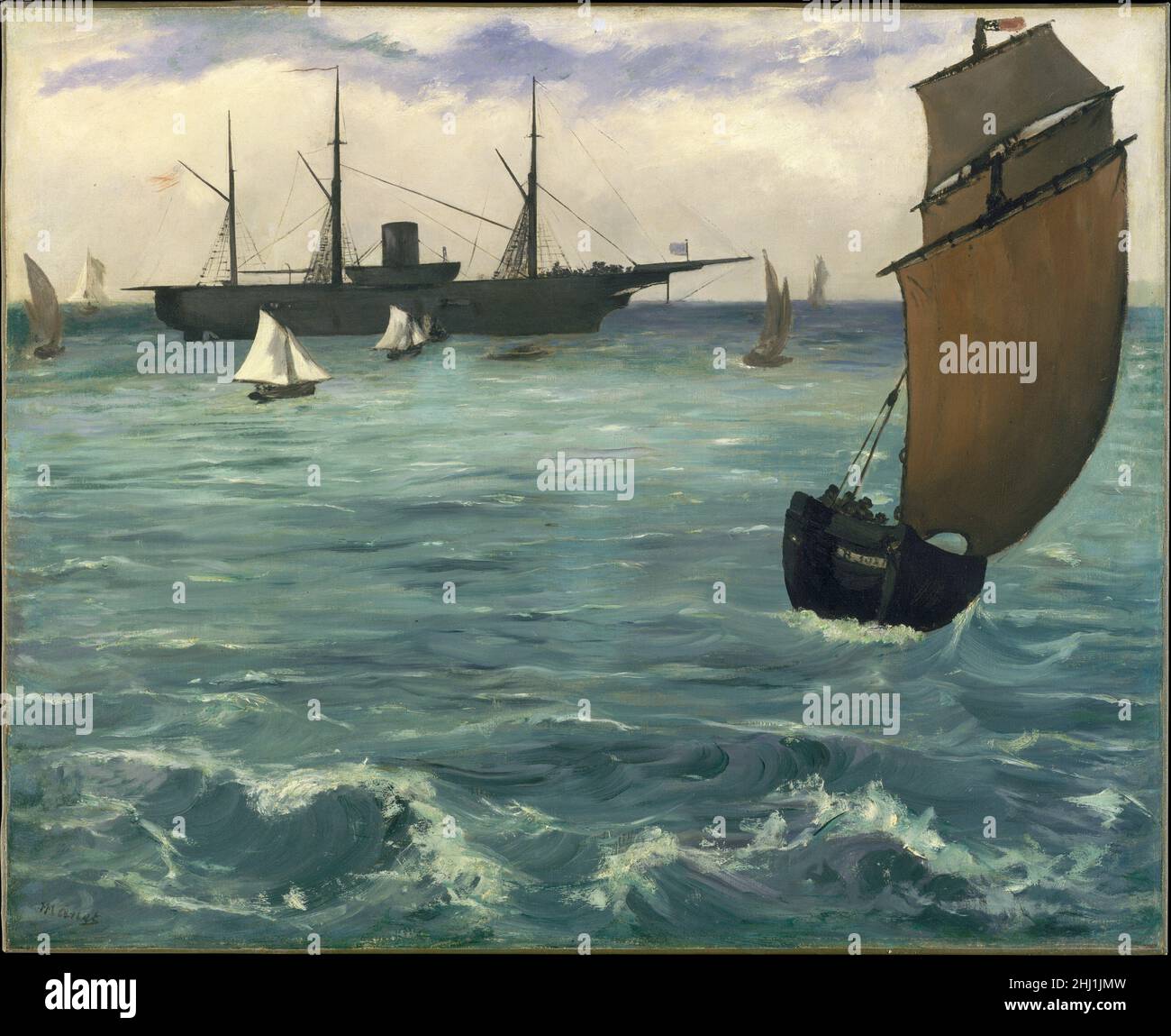 Le 'Kearsarge' à Boulogne 1864 Edouard Manet Français pendant la Guerre civile américaine, le navire de guerre des États-Unis Kearsarge a fait la une des journaux après avoir coulé le raider confédéré Alabama au large de la côte française.Manet n'a pas assisté de première main à l'événement largement couvert mais a consacré deux peintures au sujet: Une scène de la bataille navale (Musée d'art de Philadelphie) et cette photo, provoquée par sa visite ultérieure au navire victorieux à l'ancre près de Boulogne.Ils ont été ses premières représentations d'un événement en cours.Le 'Kearsarge' à Boulogne 438144 Banque D'Images