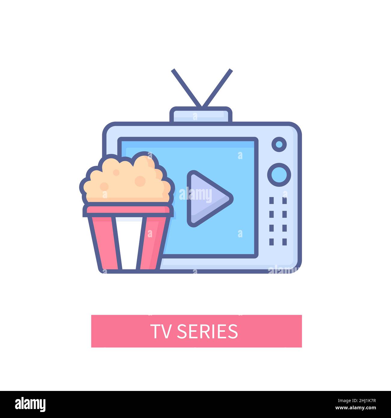 Série TV - icône moderne de style de design de ligne colorée sur fond blanc.Image nette et détaillée de l'écran de télévision et du pop-corn.Parfaite soirée à la maison avec Illustration de Vecteur