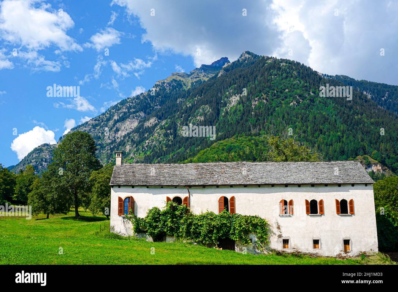 Une grande vieille ferme dans les montagnes alpines Banque D'Images