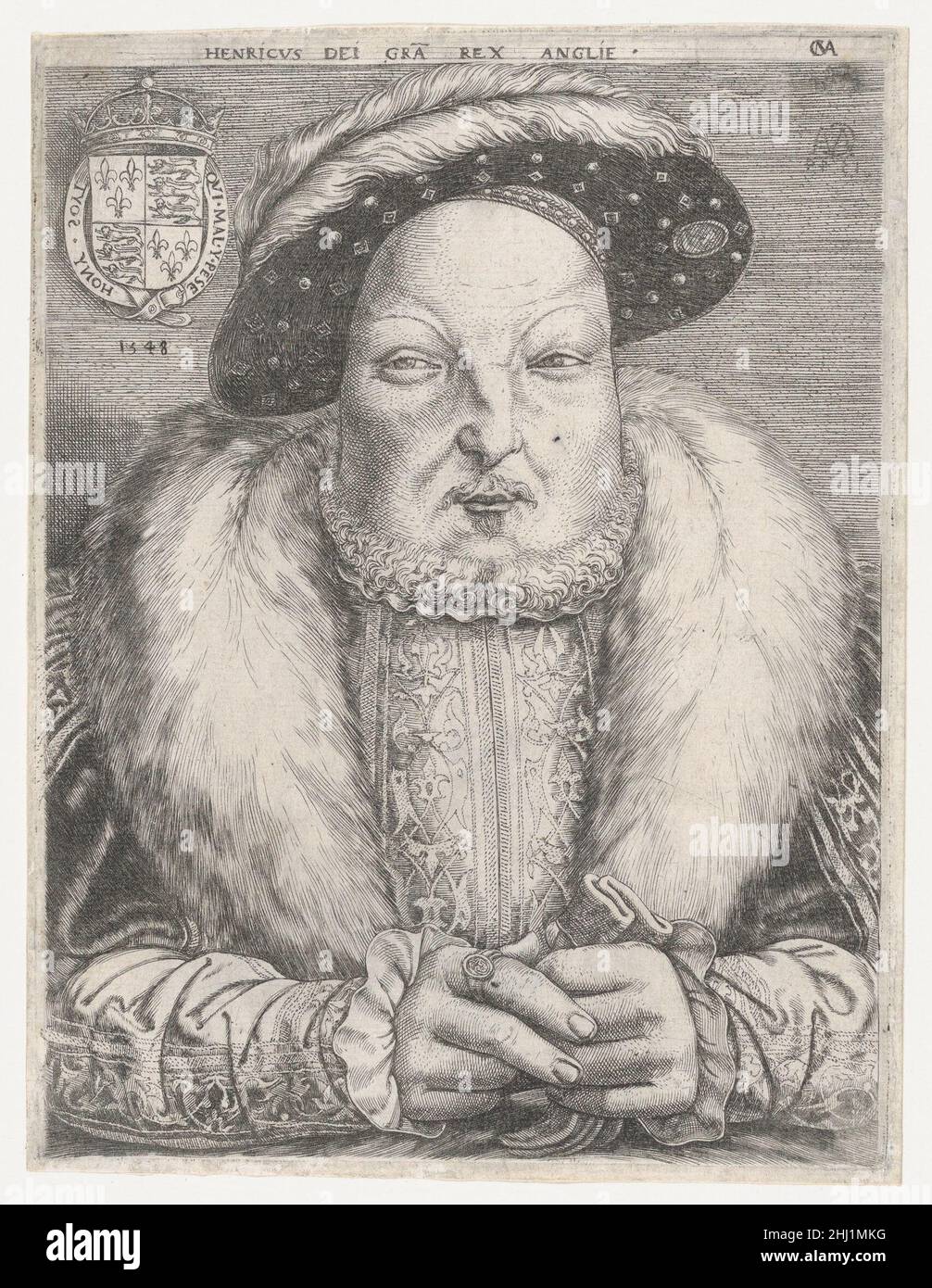 Portrait d'Henry VIII ca.1547 Cornelis Massys Netherlandish Portrait de Henry VIII portant des vêtements luxueux décorés de motifs moréques.Portrait de Henry VIIICornelis Massys (Netherlandish, Anvers 1510/11–1556/57 Anvers). Env.1547. Gravure.Imprime Banque D'Images