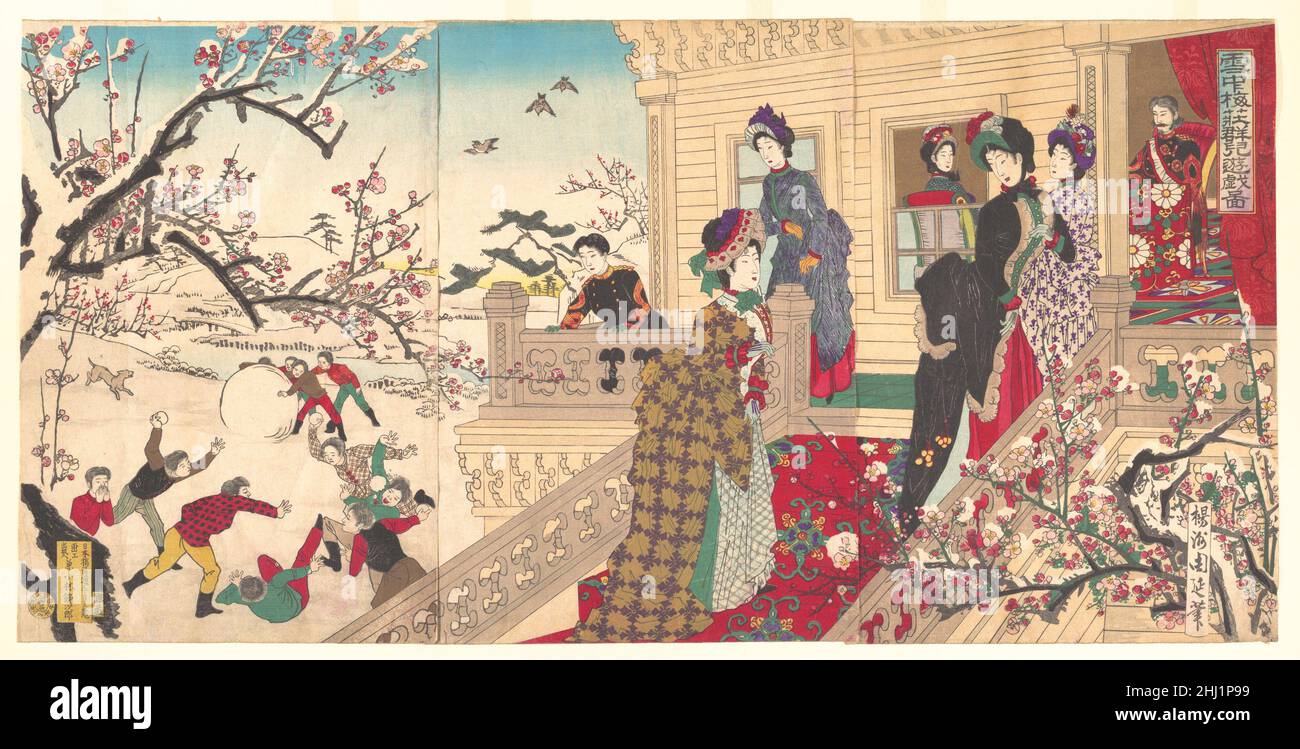 Enfants jouant dans la neige sous les arbres de Plum dans Bloom (Secchū baisō gunji yūgi zu) novembre 1887 Yōshū (Hashimoto) Chikanobu japonais le prince encourage ses camarades de jeu à pratiquer des sports d'hiver en plein air difficiles et en tambour, mais il se tient à l'écart sur son porche avant, pas tout à fait un des garçons.Même son costume le distingue; c'est une réplique miniature de l'uniforme militaire porté par son père, qui est assis dans le salon.On sait que le prince Haru (futur empereur Taishō) était malheureusement en proie à la maladie.Enfants jouant dans la neige sous les prunes dans le métier à tisser (Secchū baisō gunji yūgi zu) 555 Banque D'Images