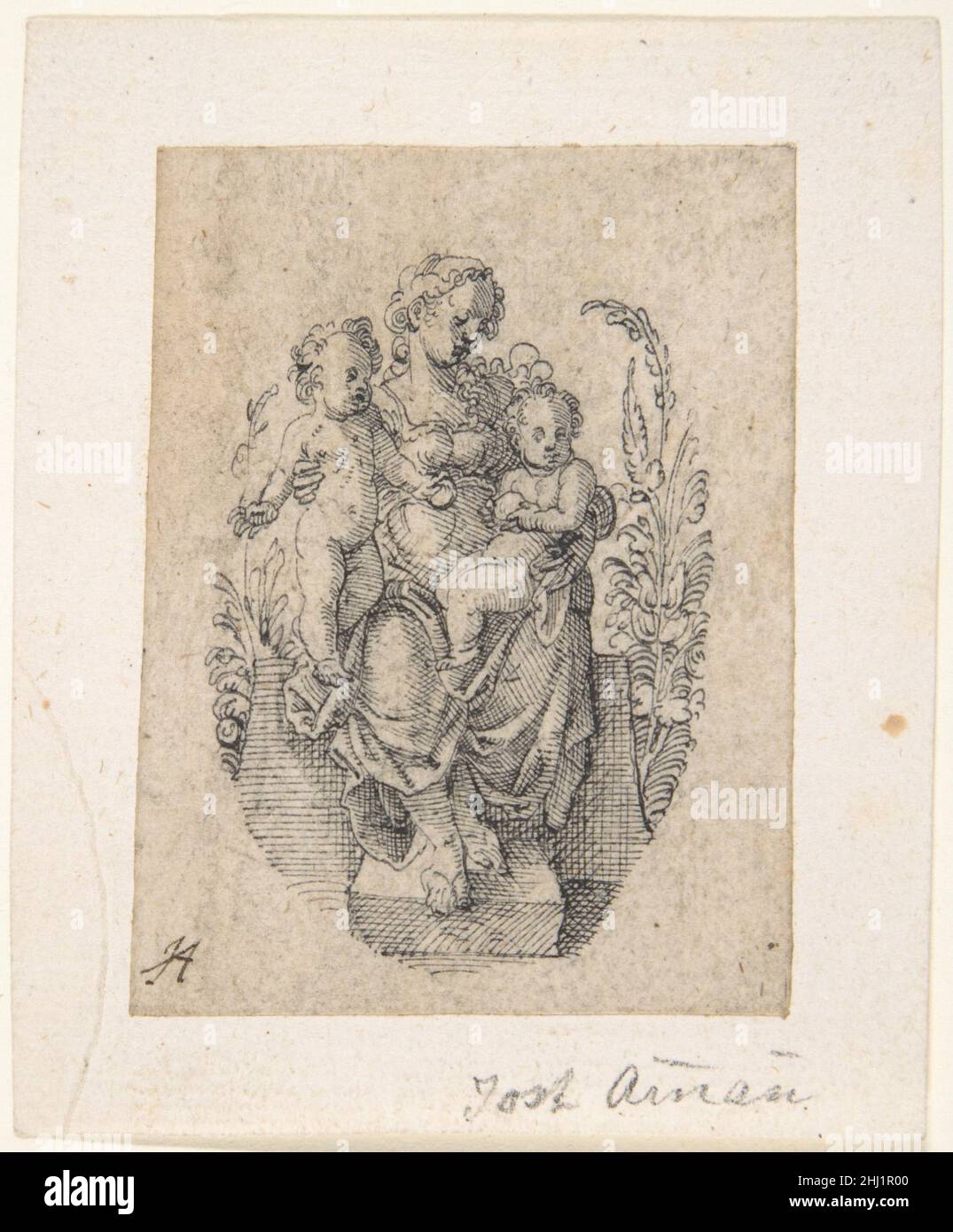Une personnification assise de la Charité avec deux enfants 1539–91 Jost Amman Swiss.Une personnification assise de la Charité avec deux enfants 380382 artiste: Jost Amman, Suisse, Zurich avant le 1539?1591 Nuremberg, Une personnification assise de la Charité avec deux enfants, 1539?91, stylo et encre noire, feuille: 2 13/16 x 2 1/8 po.(7,1 x 5,4 cm).Metropolitan Museum of Art, New York.Achat, cadeau Jean A. Bonna, 2007 (2007.223.9) Banque D'Images