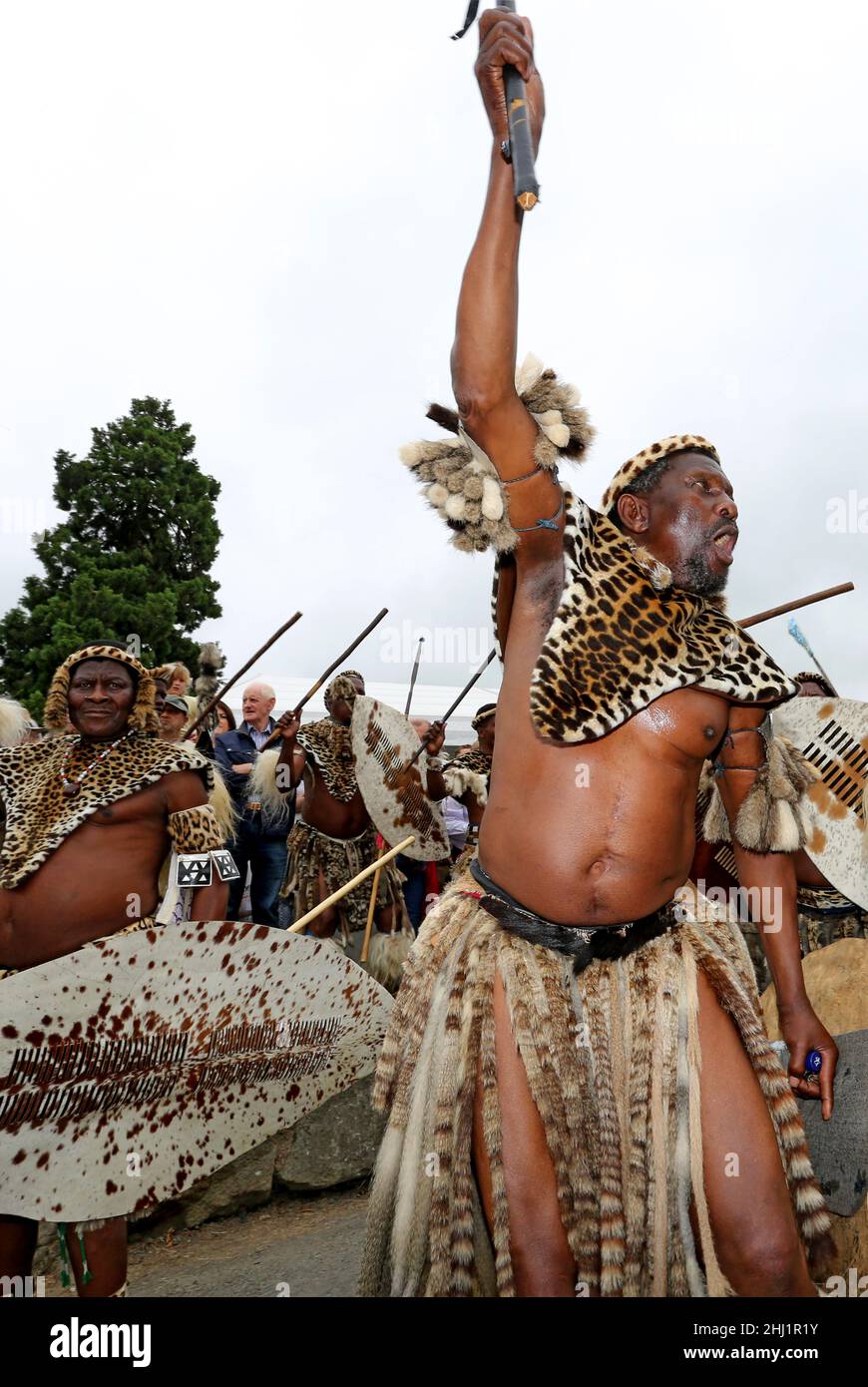 Zulu Warriors dans leur robe traditionnelle rencontre le prince Charles et la duchesse de Cornouailles le 22nd juillet 2019 à Llanelwedd Banque D'Images