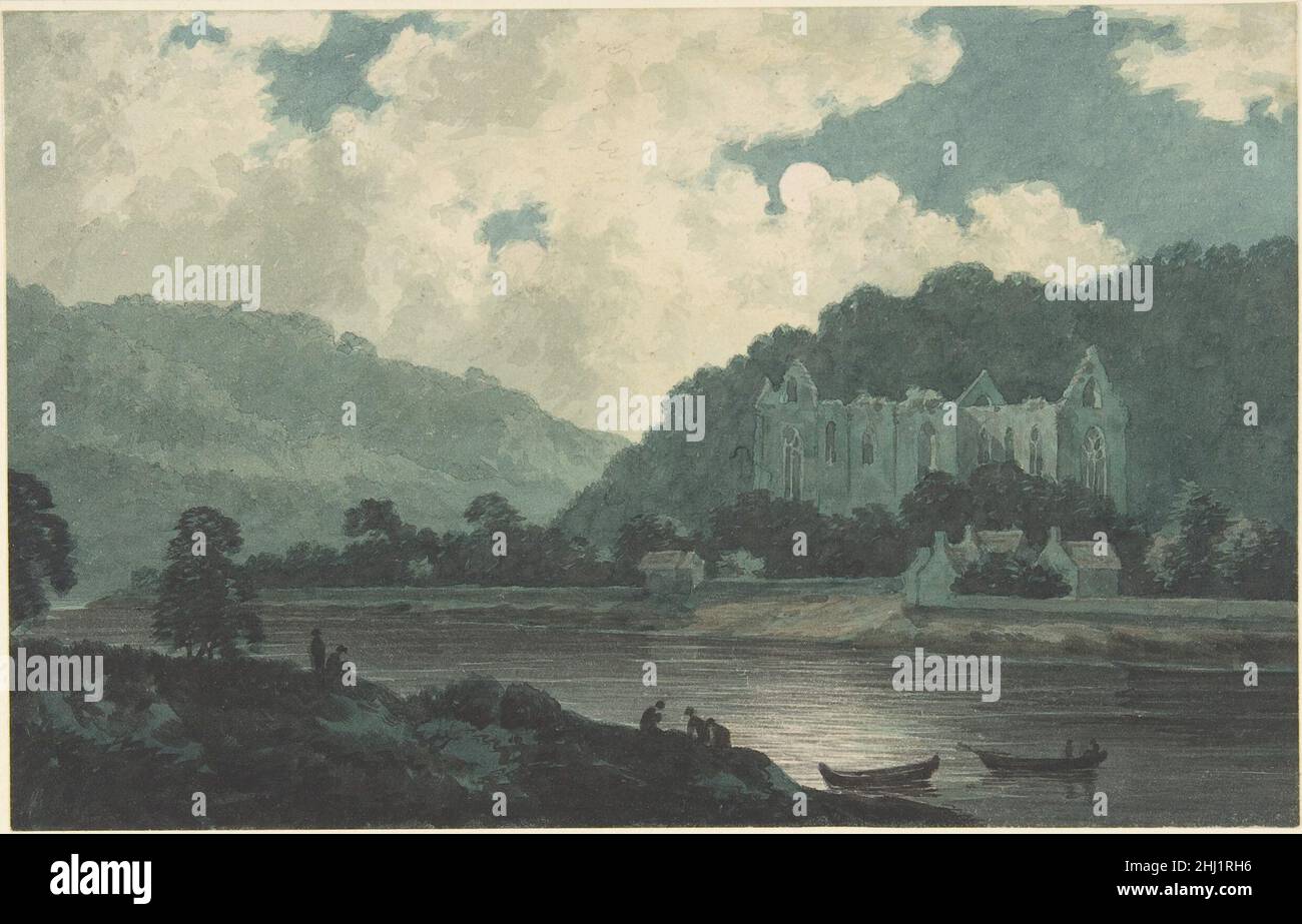 Abbaye de Tintern par Moonlight ca.1789 John 'Warwick' Smith Britannique John 'Warwick' Smith–dont le sobriquet fait référence à son patron, George Greville, 2nd comte de Warwick-fait de vastes visites du pays de Galles entre 1784 et 1806 et a préparé une série de couleurs vives, à petite échelle aquarelle vues.Beaucoup ont été faits avec un oeil à collaborer avec William Gilpin sur une deuxième édition de l'auteur célèbre observations sur la rivière Wye (1789), une publication généreusement illustrée avec des imprimés.Ce dessin décrit les ruines de l'abbaye de Tintern au clair de lune depuis un point de vue sur la rivière.À ce moment-là, Banque D'Images