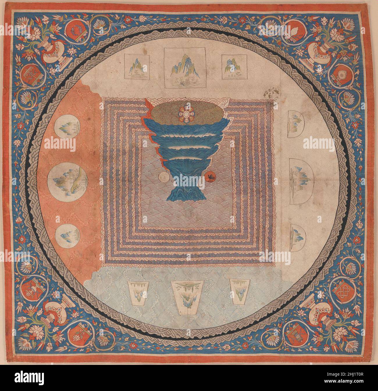 Cosmologique Mandala avec le Mont Meru 14th siècle Chine le mandala élaboré tapisserie-tissé, ou diagramme cosmique, illustre l'imagerie indo-himalayenne introduite en Chine avec l'avènement du bouddhisme ésotérique.Au centre se trouve le mont mythologique Meru, représenté par une pyramide inversée surmontée d'un lotus, symbole bouddhiste de pureté.Des images chinoises traditionnelles du soleil (oiseau à trois pattes) et de la lune (lapin) apparaissent à la base de la montagne.Les vignettes de paysage aux directions cardinales représentent les quatre continents de la mythologie indienne mais suivent les conventions artistiques de la Chinese-sty Banque D'Images