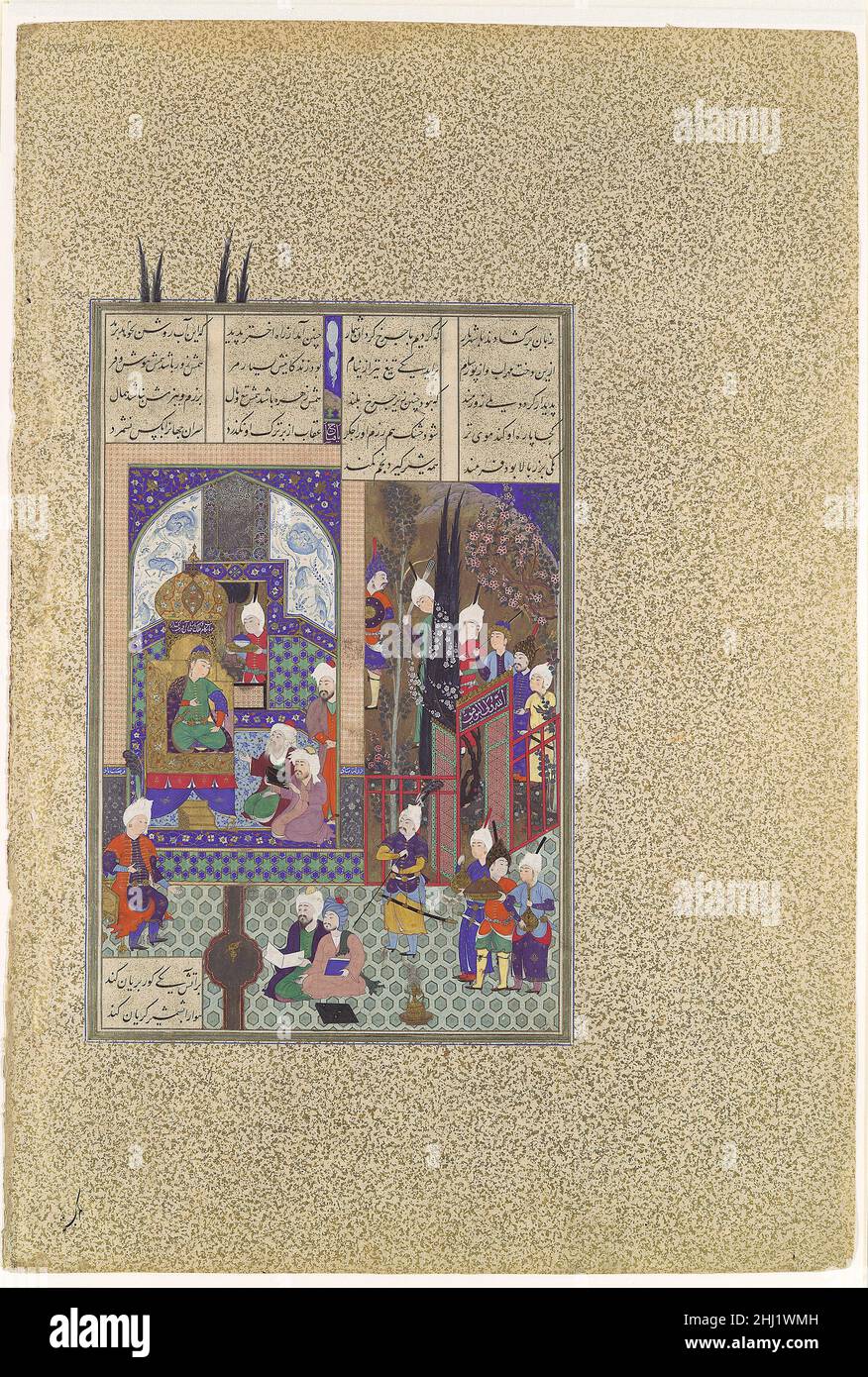 'Les Sages du Shah approuvent le mariage de Zal', Folio 86V du Shahnama (Livre des Rois) de Shah Tahmasp ca.1525–30 Abu'l Qasim Firdausi Zal était le fils de Sam de la maison de Nariman, la famille régnante du Sistan qui était vassaux et fidèles partisans de la couronne iranienne depuis longtemps.Lors de ses voyages à l'est, Zal tomba amoureux de la belle Rudaba, fille du souverain du Royaume rival de Kaboul.Mais quand il a exprimé son désir de l'épouser, Shah Manuchihr s'est très préoccupé par l'avenir du royaume iranien et a réagi négativement à ses plans.Sur Sam » Banque D'Images