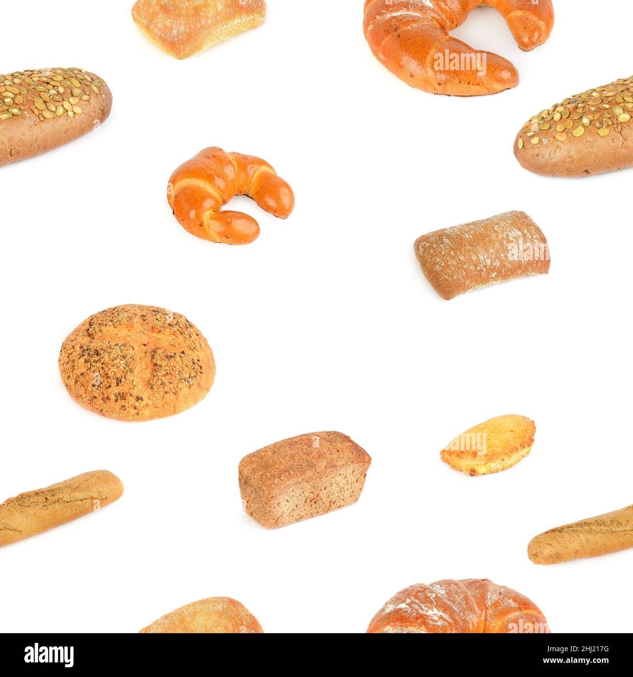 Motif sans couture assortiment de produits de pain isolés sur fond blanc. Banque D'Images
