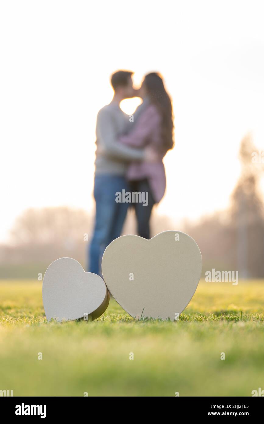 Un jeune couple embrasse deux formes de coeur dans un parc le jour de la Saint-Valentin Banque D'Images