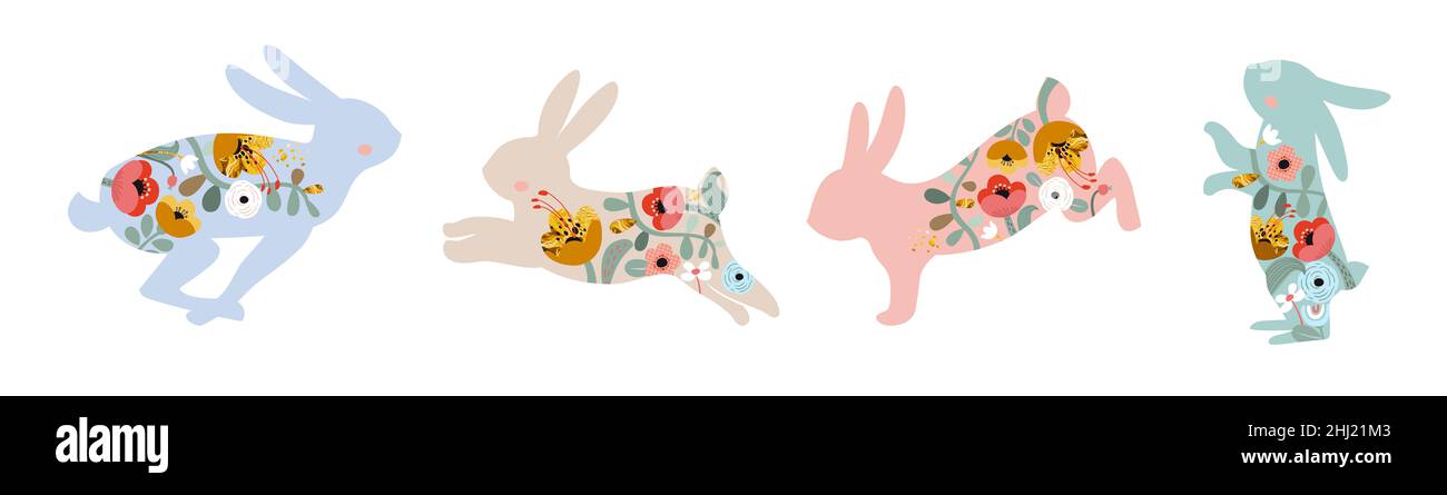 Bonne carte de Pâques.Bannière horizontale décorée.Illustrations de lapins et de lapins, d'oeufs de Pâques et de fleurs.Icônes de style folklorique Banque D'Images