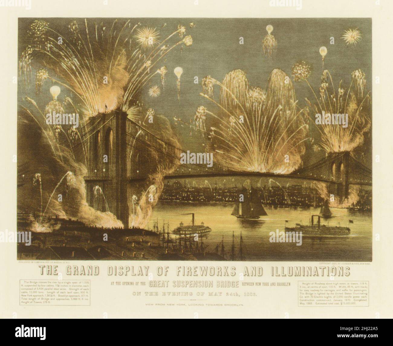 La grande exposition de feux d'artifice et d'illuminations lors de l'ouverture du Grand pont suspendu entre New York et Brooklyn dans la soirée du 24 mai 1883.Vue de New York en direction de Brooklyn.1883 Currier & Ives American conçu par l'ingénieur d'origine allemande John Augustus Roebling, le grand pont de New York et de Brooklyn a été construit entre 1869 et 1883.Une fois ouvert, il a fourni la seule connexion terrestre entre Manhattan et Brooklyn.Comme le texte imprimé l'indique, la portée centrale mesure 1 595,5 pieds (486,3 m) et est suspendue à des câbles en acier, en suspension dans la pierre et Banque D'Images