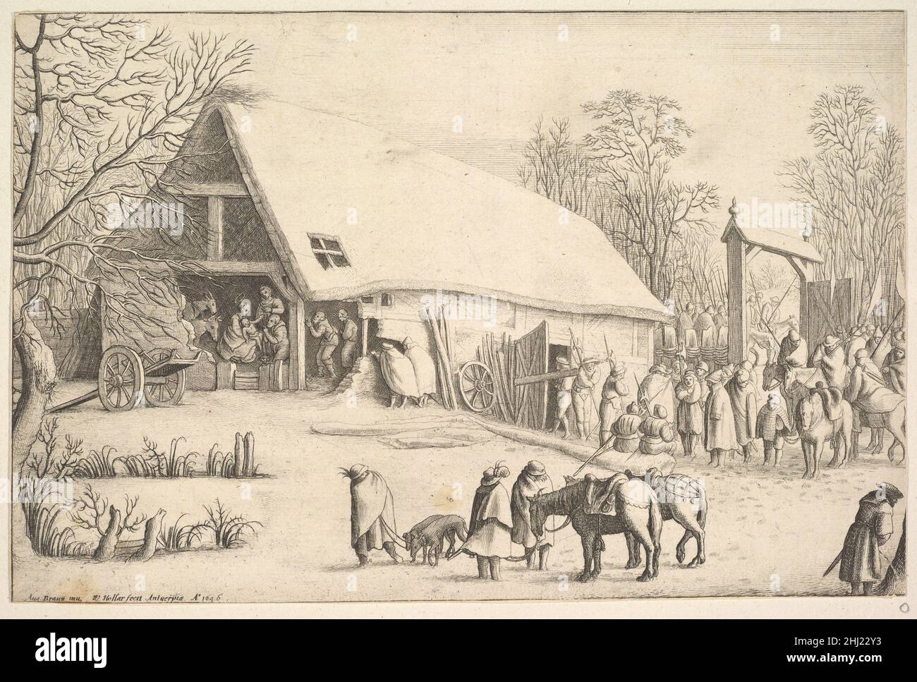 Adoration des rois 1646 Venceslaus Holar Bohemian dans une grange dans la neige trois vieux hommes adorent l'enfant dans les bras de Marie.pied-soldat et cavaliers attendent à l'extérieur.Au premier plan se trouvent trois hommes avec deux chevaux et deux chiens.Adoration des rois 361591 Banque D'Images