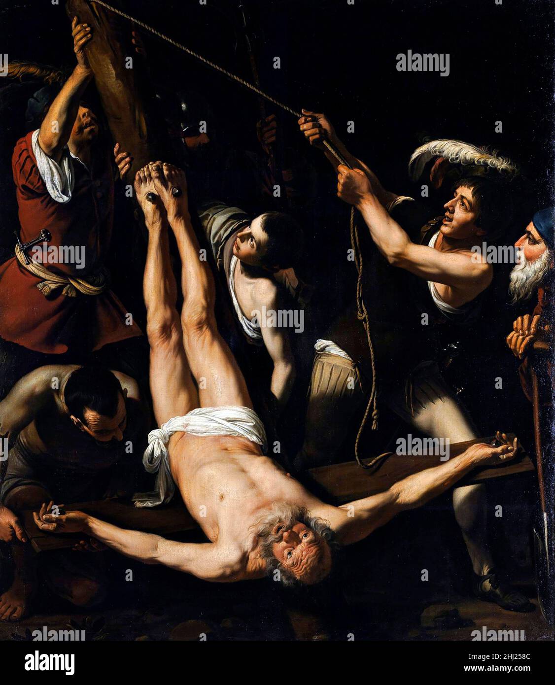 Le martyre de Saint Pierre par le cercle de Michel-Ange Merisi da Caravaggio (1571-1610), huile sur toile, Banque D'Images