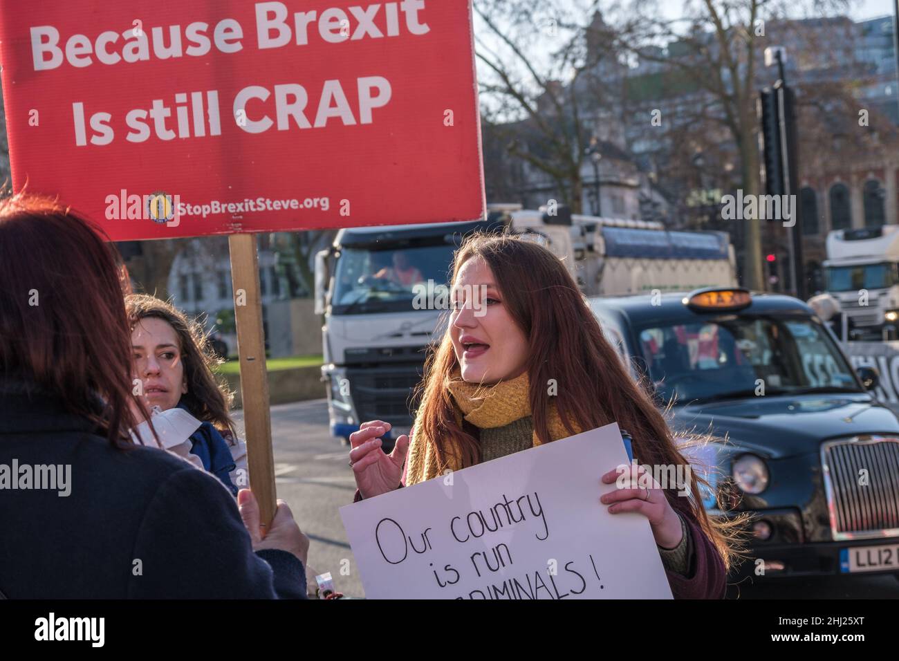 Londres, Royaume-Uni, 26th janvier 2022.Parce que le Brexit est encore NUL.Steven Bray et son mouvement européen de défiance poursuivent leurs manifestations en dehors du Parlement avec des bannières et des affiches contre Boris Johnson et le gouvernement conservateur corrompu.Des écriteaux et des bannières montrent Downing St comme une scène de crime et appellent Johnson à démissionner et à se demander si le rapport Gray sera encore un autre blanchi à la chaux.Ils appellent Johnson un menteur pathologique.Peter Marshall/Alay Live News Banque D'Images