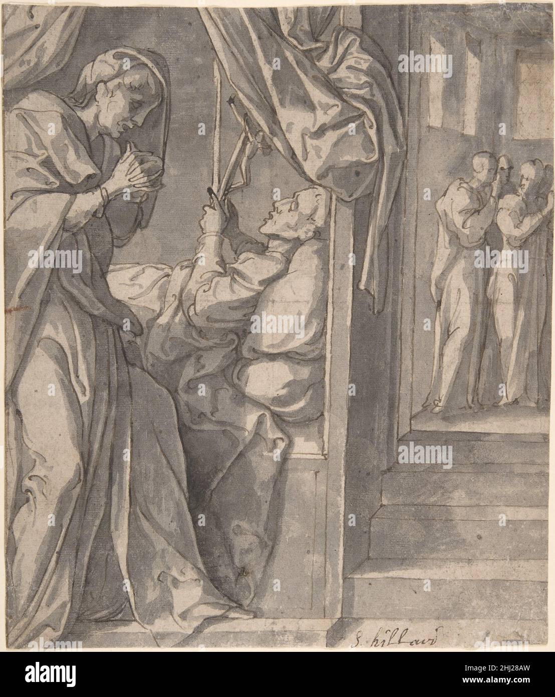 La mort de Saint Hilary; verso: Croquis d'un bras début 16th–mi 16th siècle Jan van Scorel Netherlandish.La mort de Saint Hilary; verso: Croquis d'un bras 343309 Banque D'Images