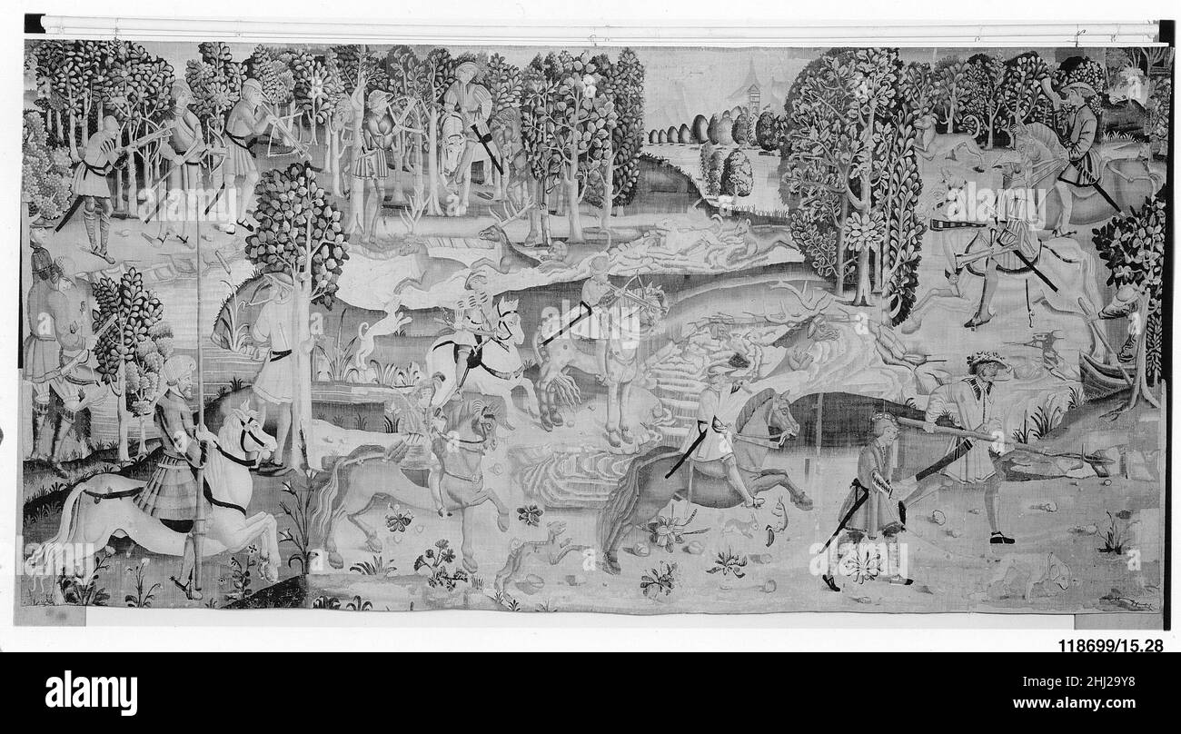 Stag Hunt milieu de 16th siècle après une coupe de bois par Lucas Cranach l'aîné allemand.Chasse au cerf.Après une coupe de bois par Lucas Cranach l'aîné (allemand, Kronach 1472–1553 Weimar).Allemand, peut-être rhénan. Mi-16th siècle.Laine, soie (13-15 gauchissement par pouce, 5-6 par cm).Textiles-tapisseries Banque D'Images