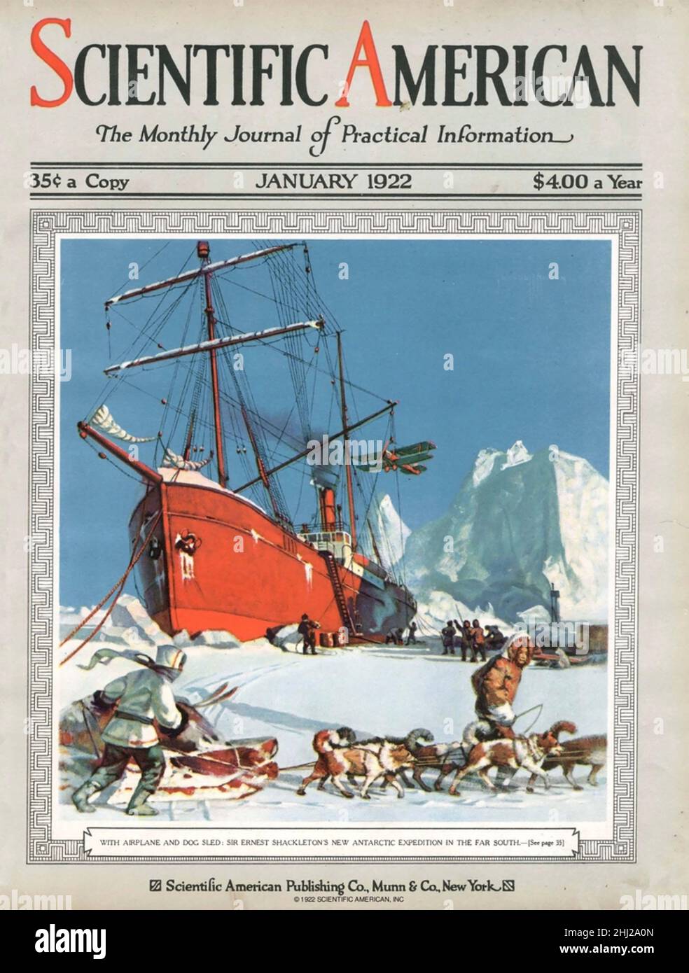 ERNEST SHACKLETON (1874-1922) explorateur antarctique anglo-irlandais.Son navire l'Endurance sur la couverture de janvier 1922 du magazine Scientific American. Banque D'Images