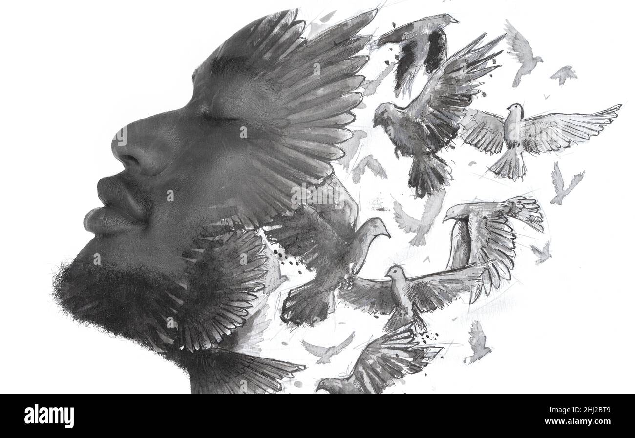 Peinture.Portrait de profil d'un homme combiné à une peinture d'oiseaux. Banque D'Images