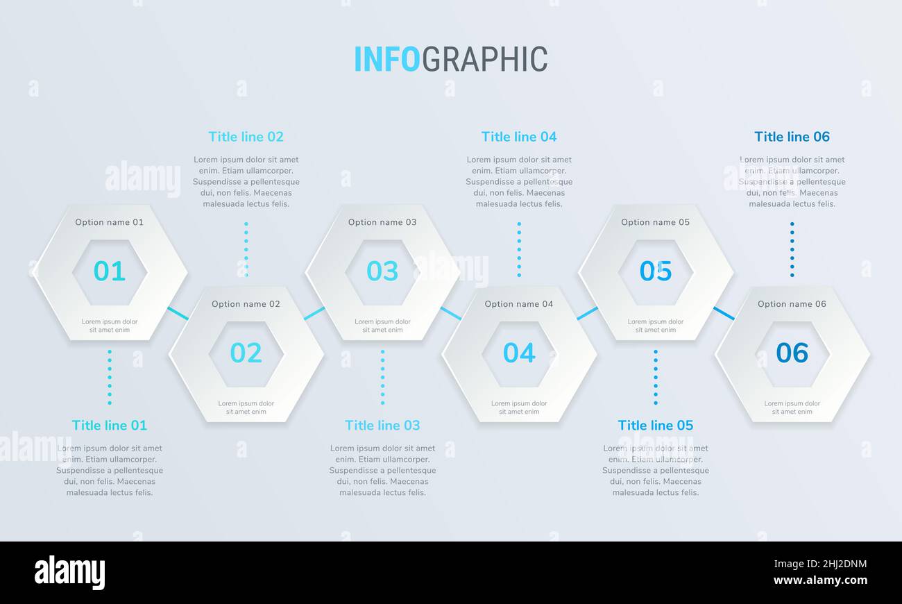 Modèle graphique abstrait Business Honeycomb avec 6 options.Diagramme bleu, chronologie et calendrier isolés sur fond clair. Illustration de Vecteur