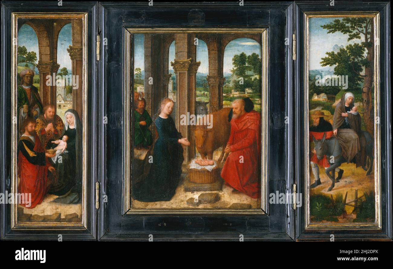 La vie de la Vierge après 1521 Adriaen Isenbant Netherlandish une des premières œuvres d’Adriaen Isenbant, ce petit triptyque portable était destiné à la dévotion privée.Les scènes extérieure et intérieure étaient destinées à engager le spectateur dans une contemplation empathique de la vie de la Vierge.Les ailes de grisaille extérieures, qui représentent l'Annonciation et la Visitation sous des canopies sculptées avec soin, sont exécutées dans le style maniériste à la mode d'Anvers et révèlent une connaissance des gravures populaires d'Albrecht Dürer.Les panneaux intérieurs plus traditionnels, représentant l'adoration du Banque D'Images