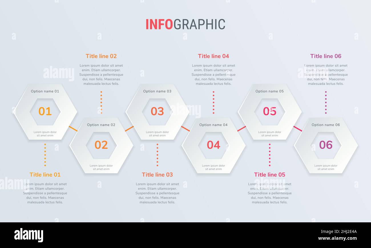 Modèle graphique abstrait Business Honeycomb avec 6 options.Diagramme rouge, chronologie et calendrier isolés sur fond clair. Illustration de Vecteur