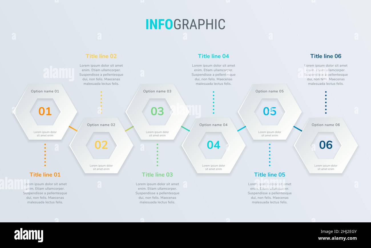 Modèle graphique abstrait Business Honeycomb avec 6 options.Diagramme coloré, chronologie et calendrier isolés sur fond clair. Illustration de Vecteur