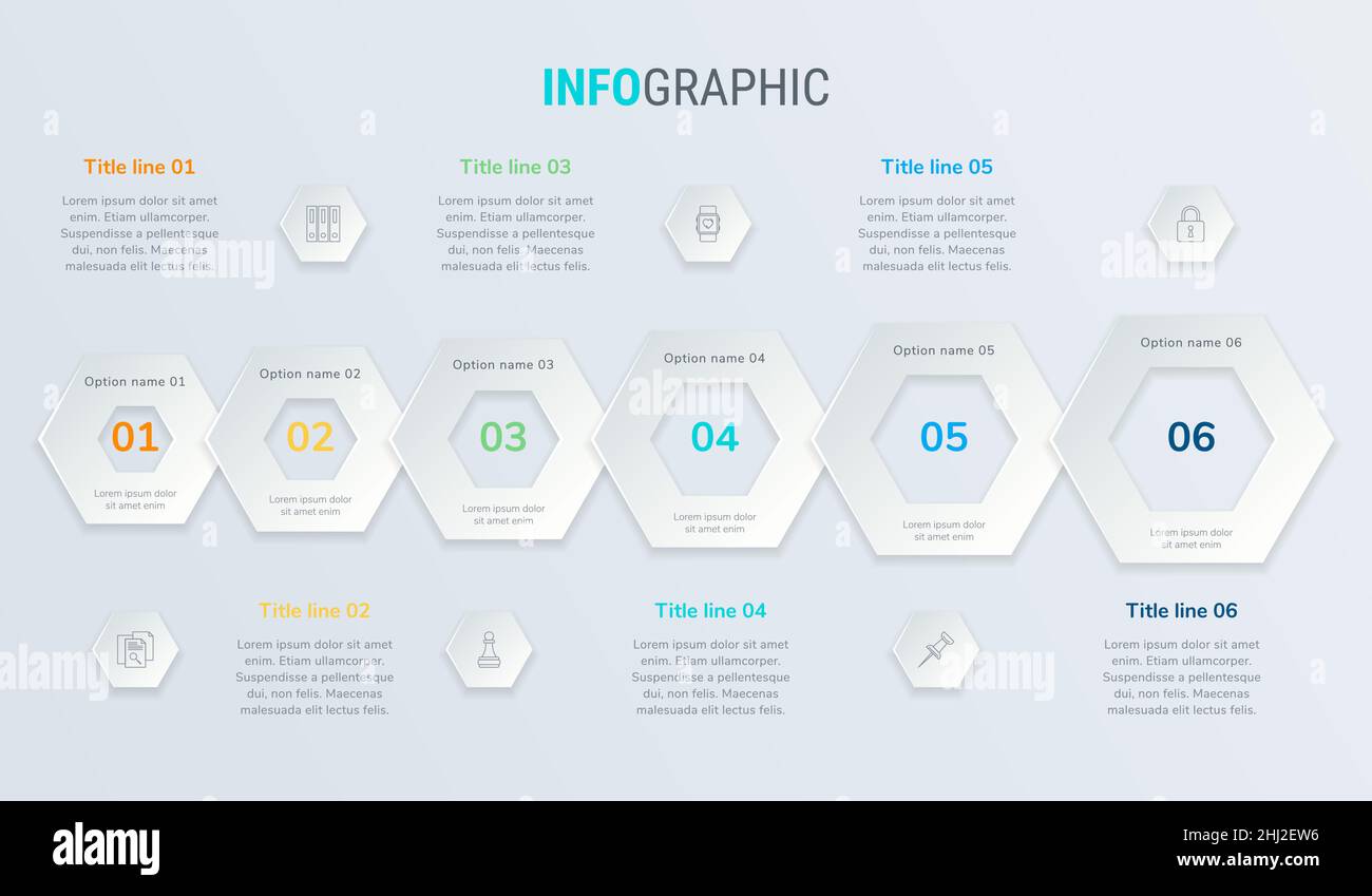 Modèle graphique abstrait Business Honeycomb avec 6 options.Diagramme coloré, chronologie et calendrier isolés sur fond clair. Illustration de Vecteur