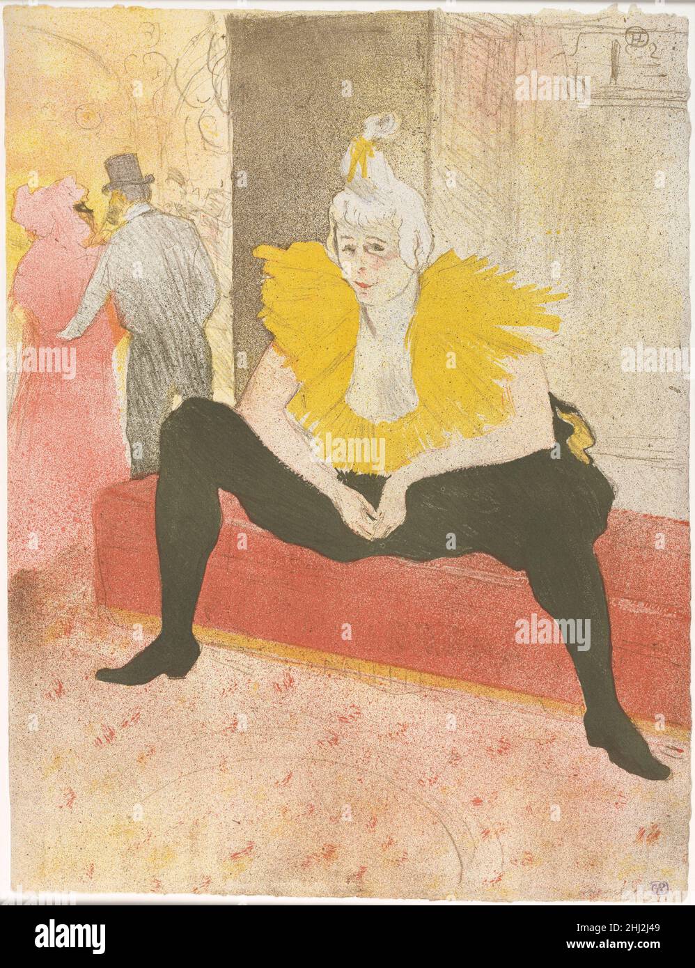 La clowness assise (Mademoiselle Cha-u-ka-o) (de la série elles) 1896 Henri de Toulouse-Lautrec Français le succès des affiches de Toulouse-Lautrec annonçant des cabarets parisiens comme le Moulin Rouge l'a conduit à produire des éditions de luxe de reproductions d'artistes de Montmartre, comme celui du clown et du danseur Cha-u-Kao.Ces lithographies ont été conçues pour plaire aux fans comme aux collectionneurs d'impression.Contrairement aux autres images de Lautrec qui présentent Cha-u-Kao, celle-ci la capture hors scène dans un moment de repos tranquille.Sa posture franche et son expression presque fatiguée suggèrent que nous sommes un aperçoit Banque D'Images