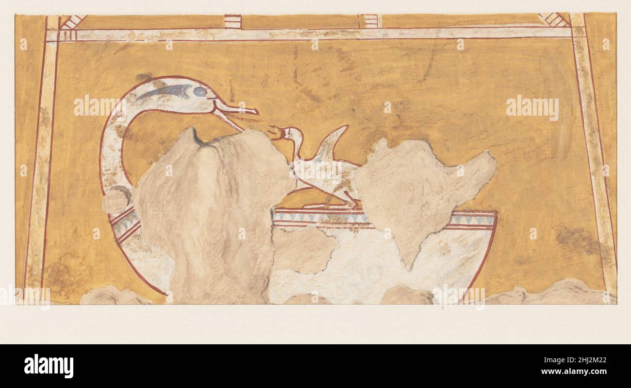 Cadeau du nouvel an : boîte à cosmétiques A.D. 1913; original ca.1427–1400 C.-B. XXe siècle; Nouveau Royaume original Norman de Garris Davies le festival du nouvel an célébrait la naissance du dieu solaire et était associé à la renaissance du roi, ainsi qu'au renouveau en général.Différentes traditions ont été enregistrées comme faisant partie de cette célébration.Dans les tombeaux du Nouveau Royaume, des scènes illustrent des présentations de cadeaux du nouvel an au roi.Parmi eux se trouvait de nouveaux équipements de temple, tels que cette boîte cosmétique en forme de canard avec un caneton.Cadeau du nouvel an : boîte cosmétique 557710 Banque D'Images